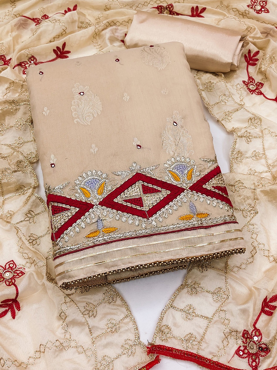 

MAHALASA Ethnic Motifs Woven Design Pure Cotton Unstitched Dress Material, Beige