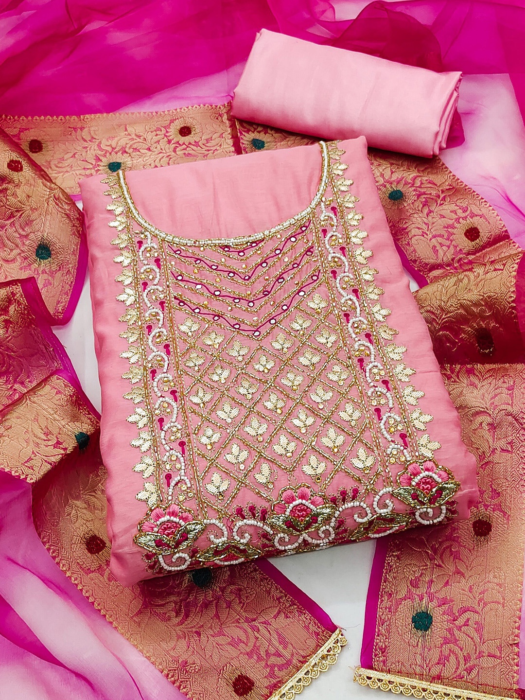 

MAHALASA Ethnic Motifs Embroidered Pure Cotton Unstitched Dress Material, Pink