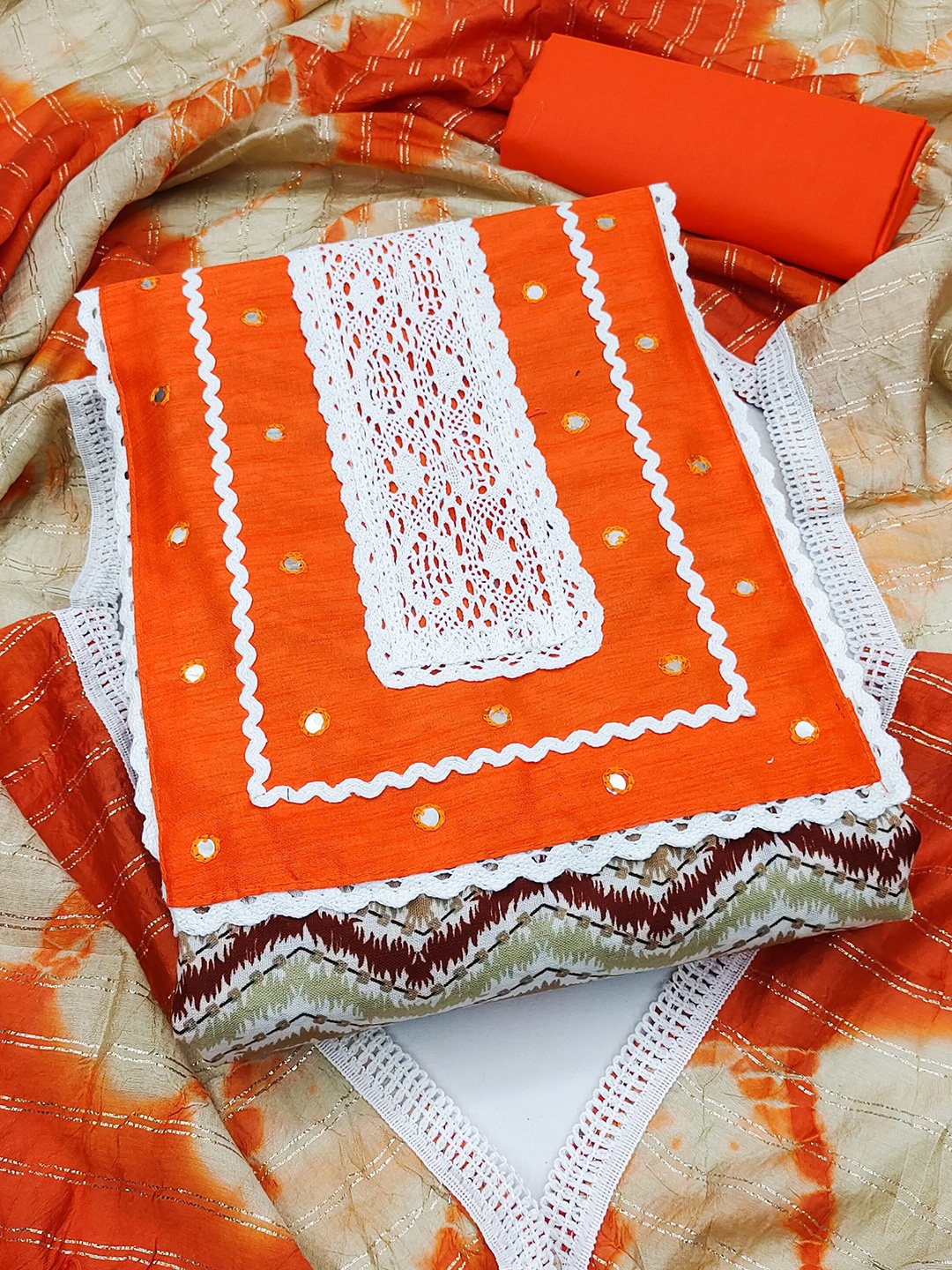 

MAHALASA Ethnic Motifs Mirror Work Pure Cotton Unstitched Dress Material, Orange