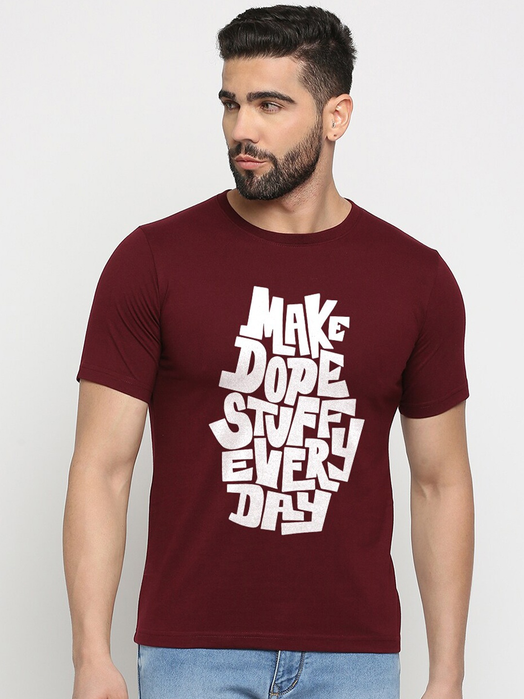 

MOD ECRU Typography Printed Round Neck Short Sleeves Cotton T-shirt, Maroon