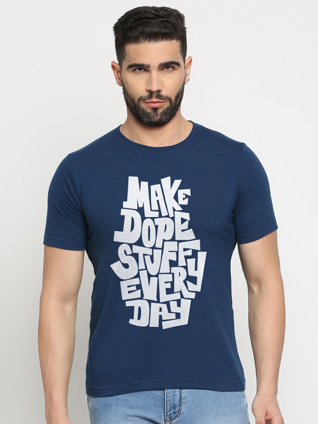 

MOD ECRU Unisex Typography Printed V-Neck Raw Edge T-shirt, Blue