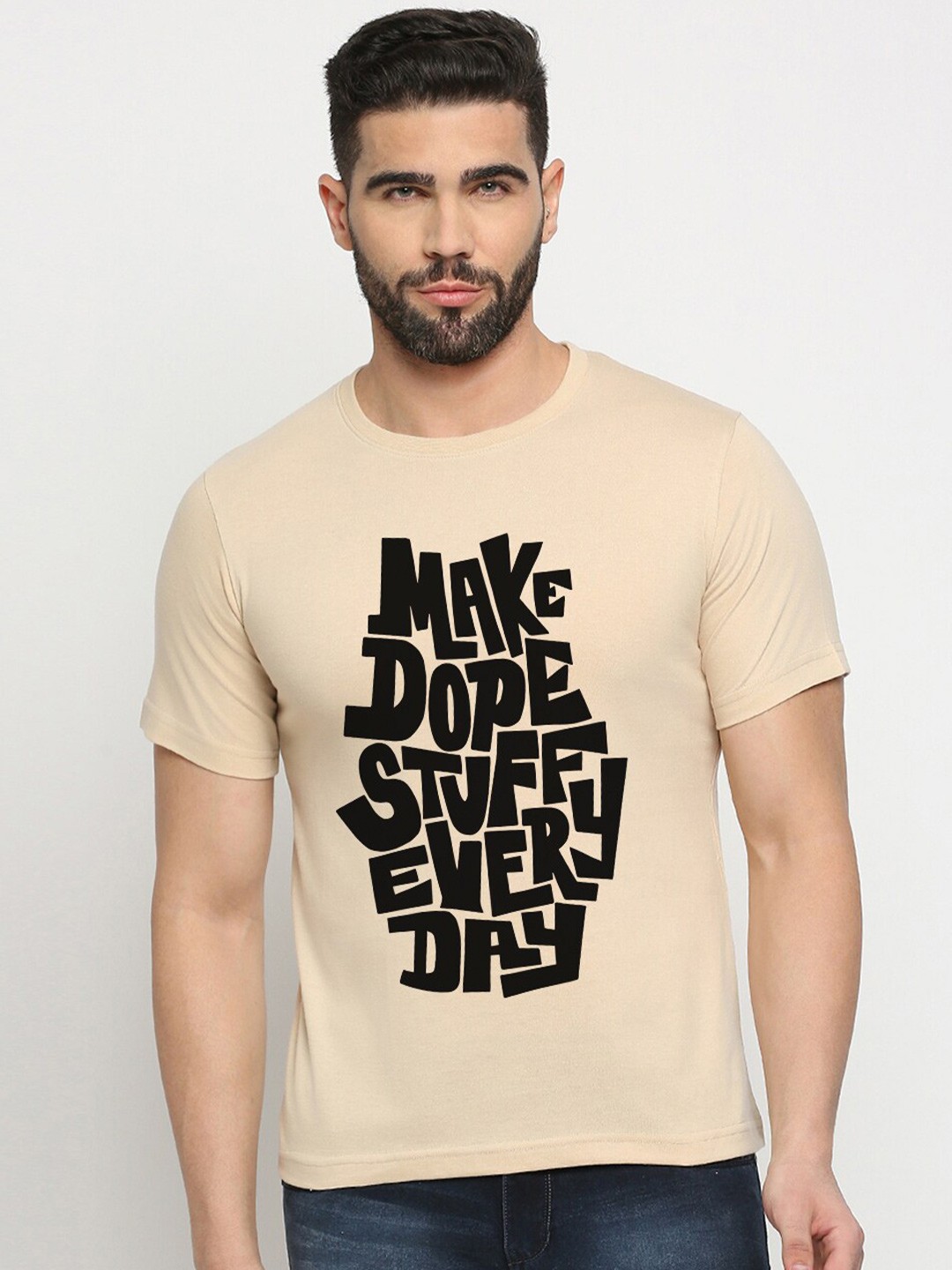 

MOD ECRU Typography Printed Round Neck Cotton T-shirt, Cream