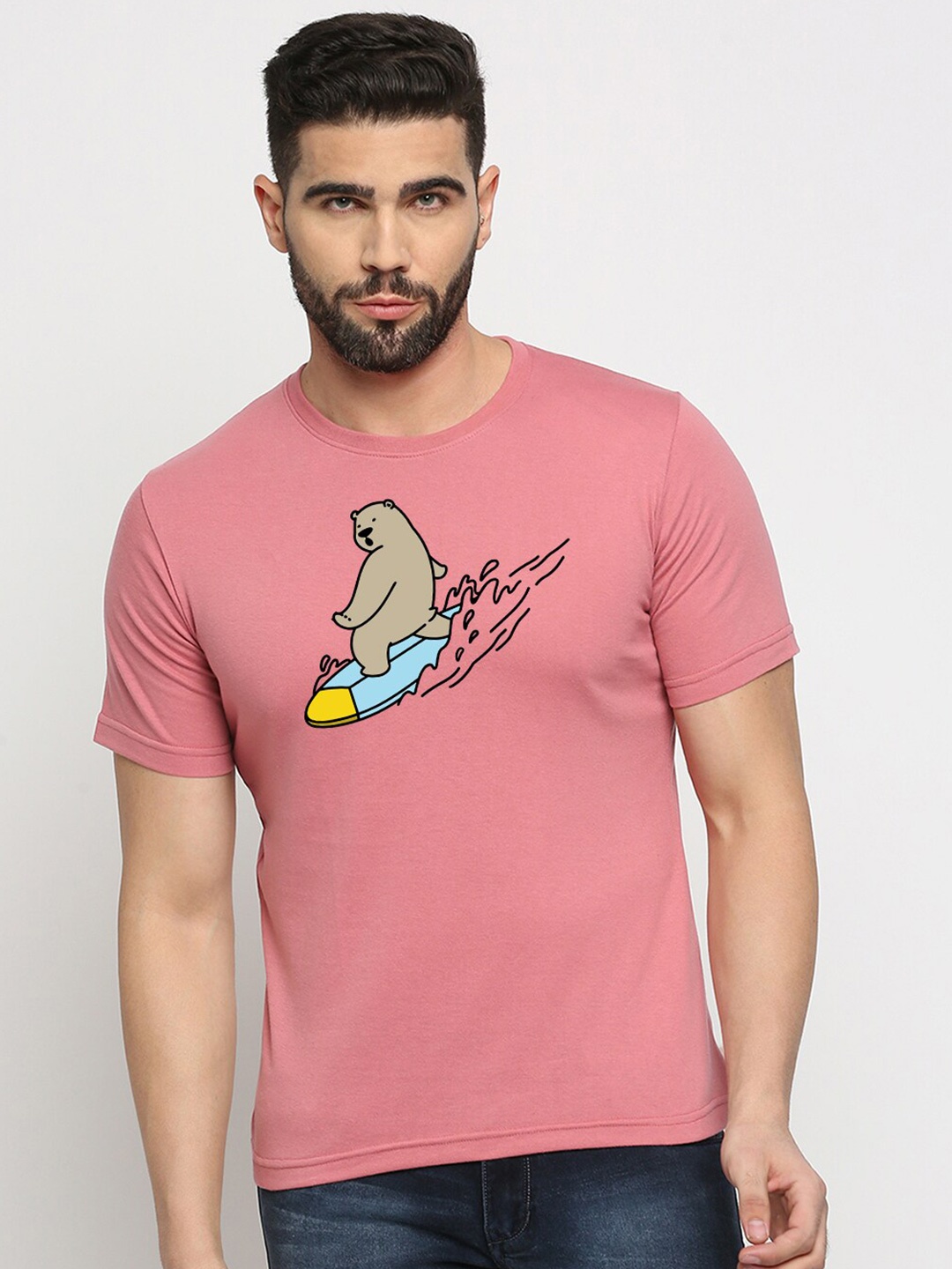 

MOD ECRU Graphic Printed Round Neck Cotton T-shirt, Pink