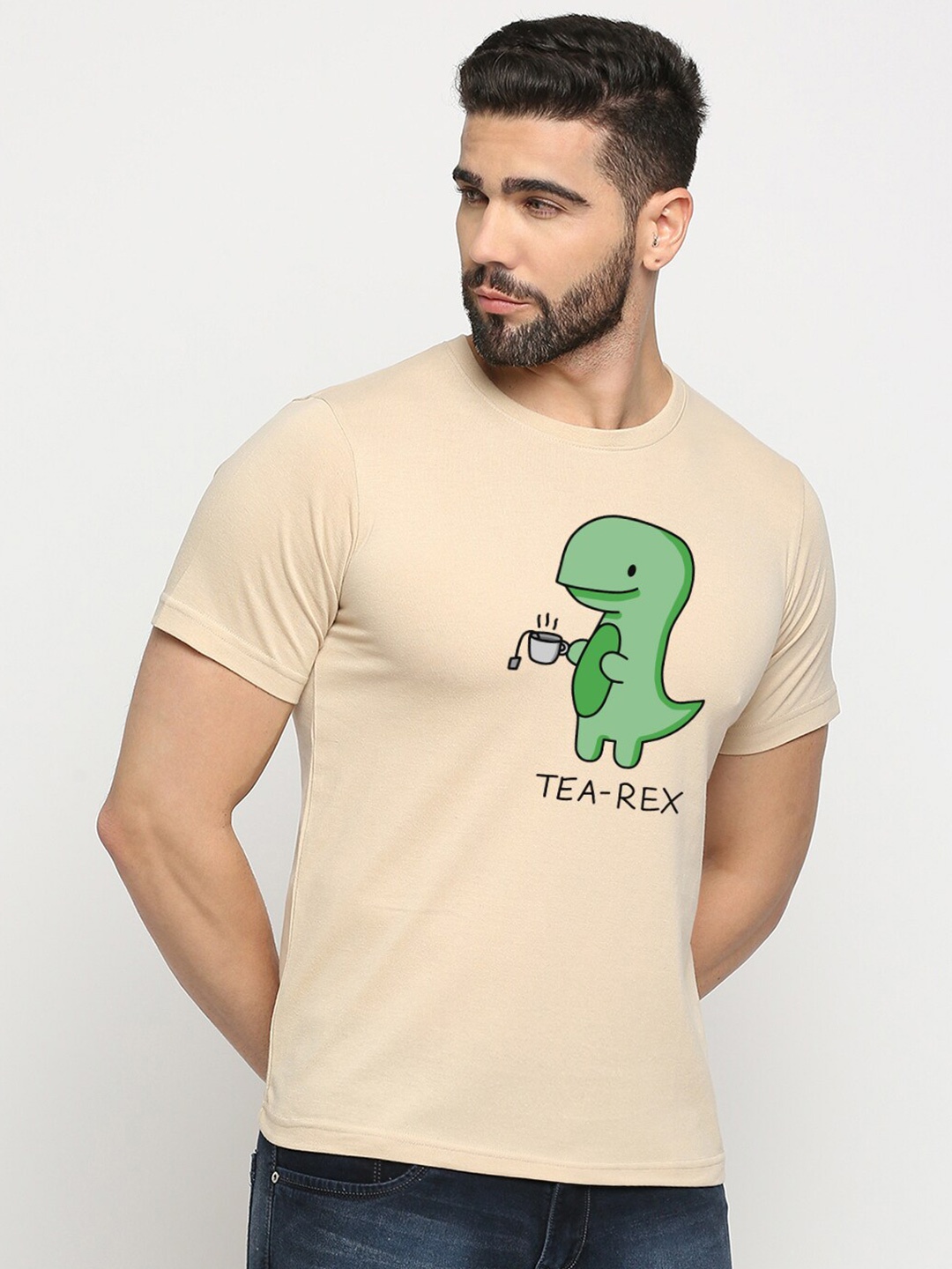 

MOD ECRU Printed Round Neck Short Sleeves Cotton T-shirt, Cream