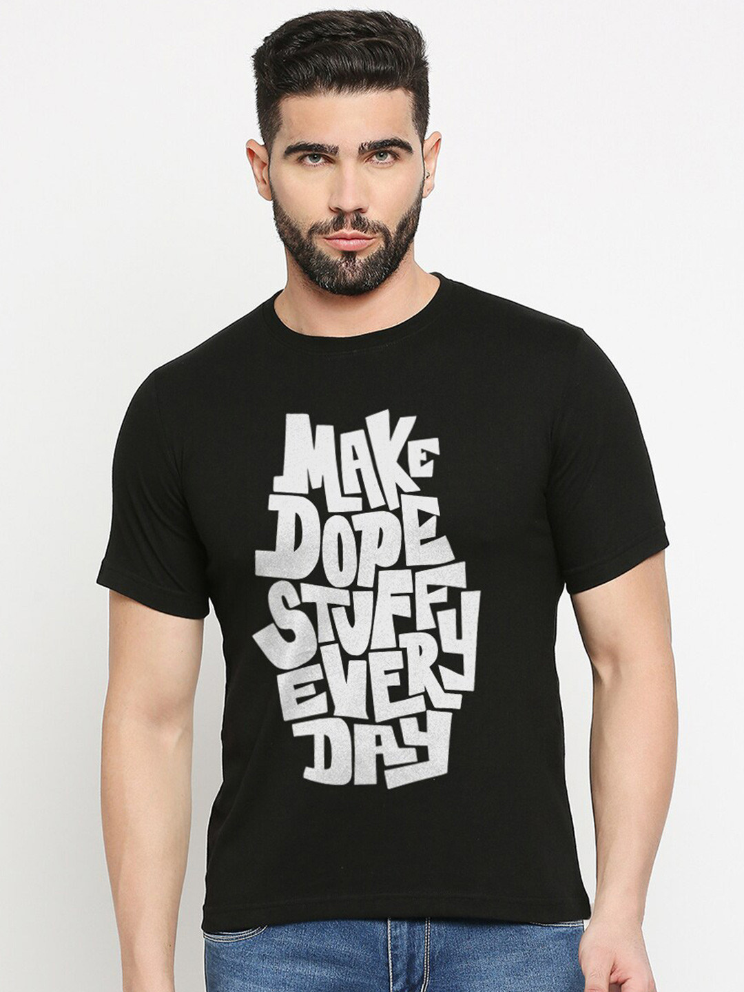 

MOD ECRU Typography Printed Round Neck Cotton T-shirt, Black