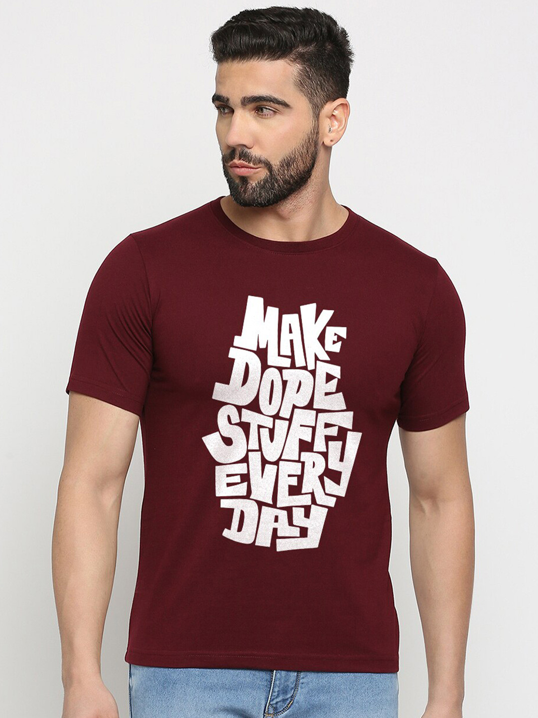 

MOD ECRU Printed Round Neck Short Sleeves Cotton T-shirt, Maroon