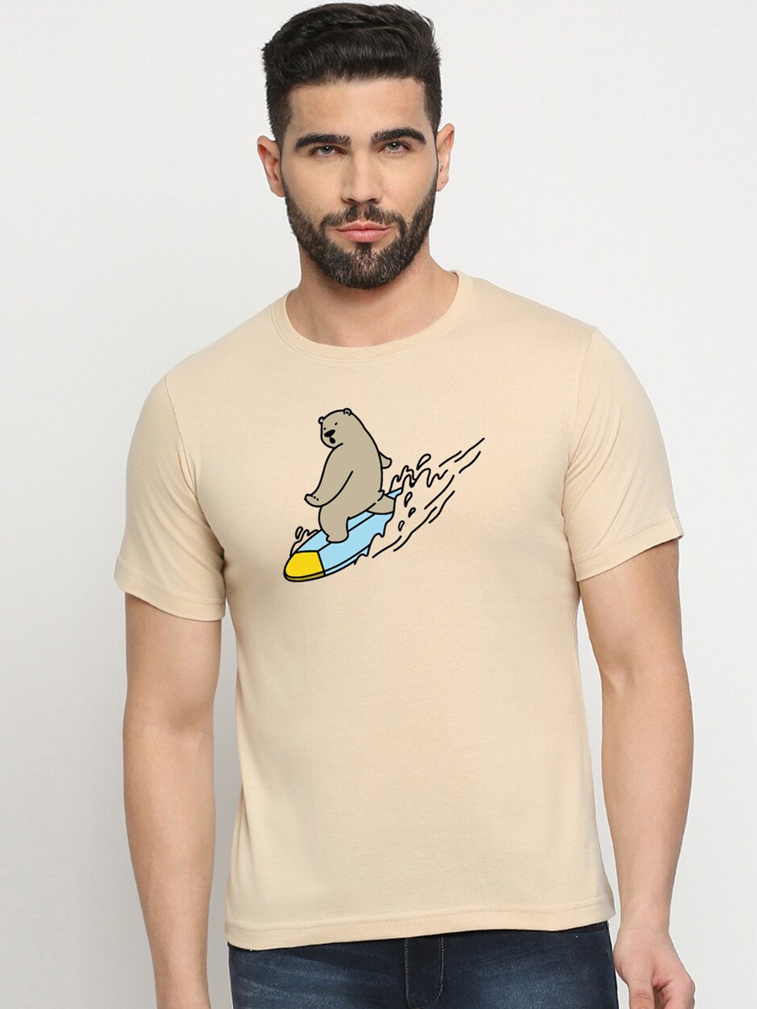 

MOD ECRU Graphic Printed Round Neck Cotton T-shirt, Cream