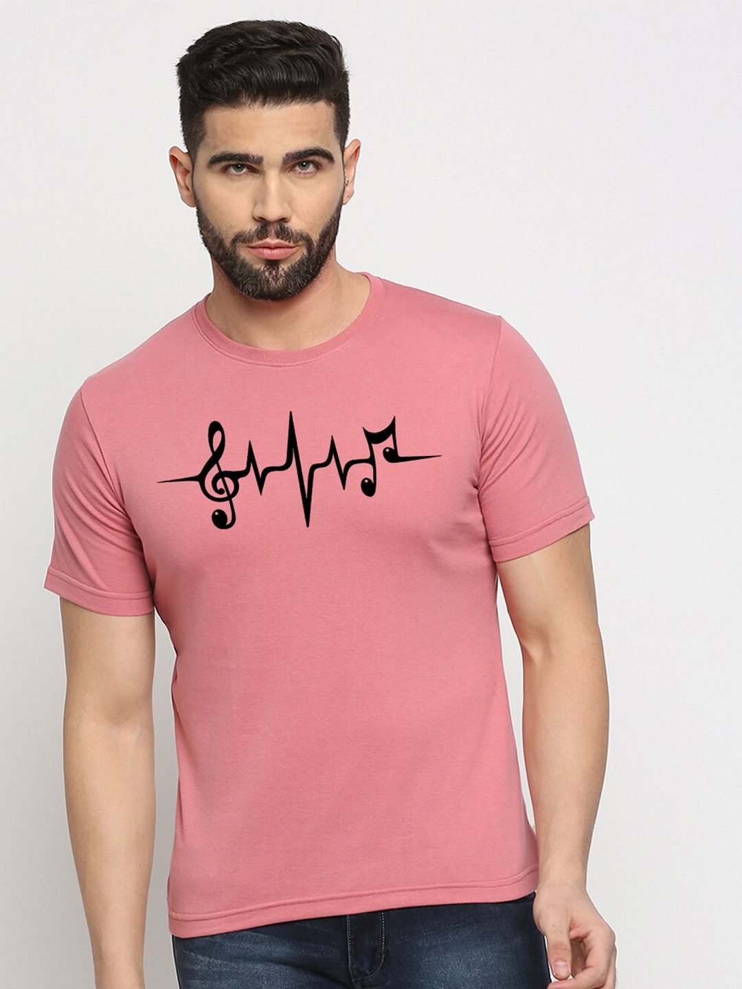 

MOD ECRU Printed Round Neck Short Sleeves Cotton T-shirt, Pink