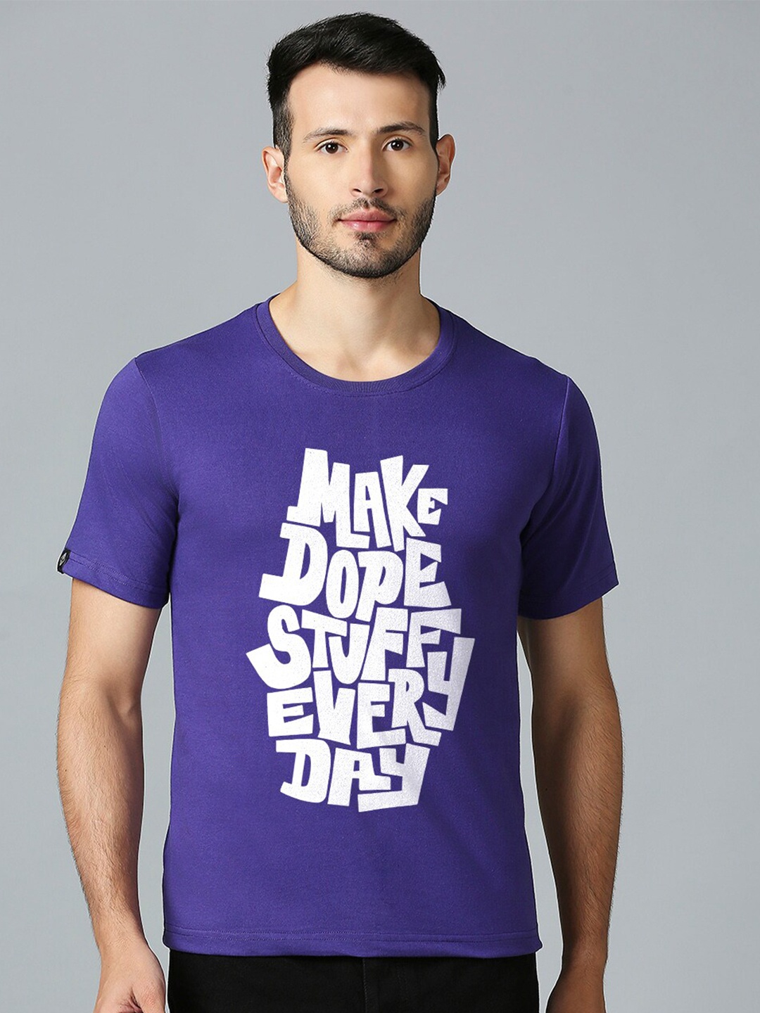 

MOD ECRU Typography Printed Round Neck Cotton T-shirt, Purple