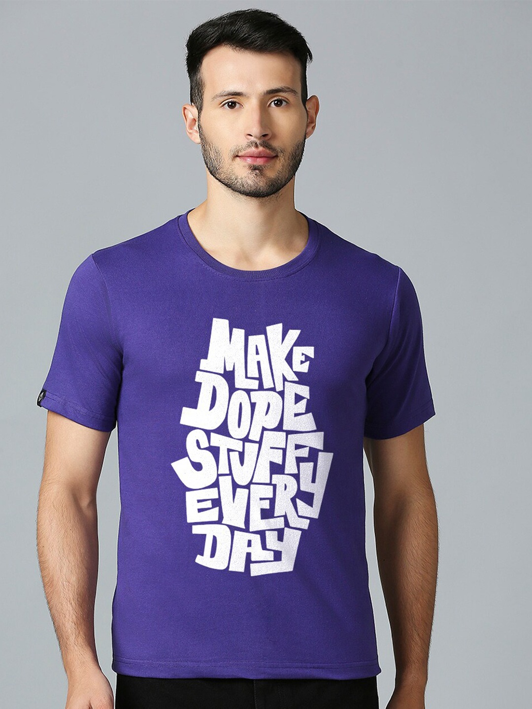 

MOD ECRU Typography Printed Round Neck Short Sleeves Cotton T-shirt, Purple