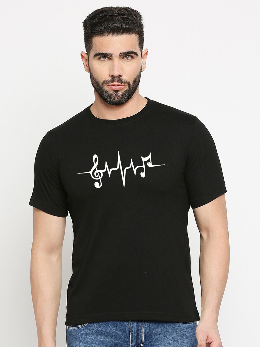 

MOD ECRU Graphic Printed Round Neck Cotton T-shirt, Black