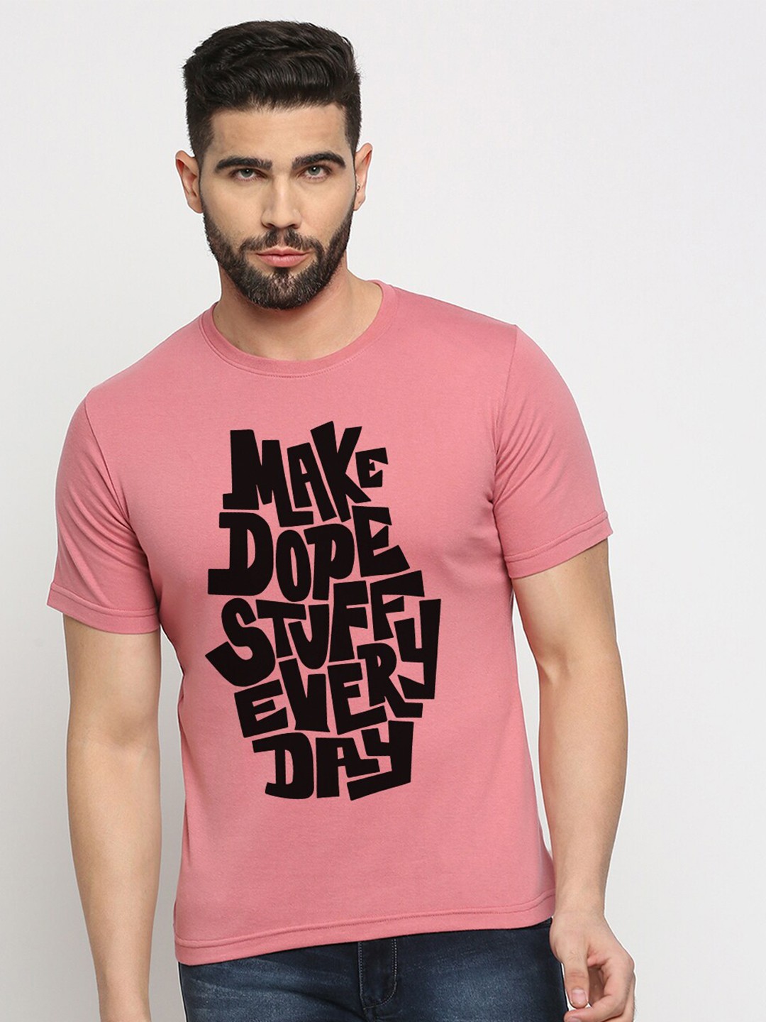 

MOD ECRU Typography Printed Round Neck Short Sleeves Cotton T-shirt, Pink