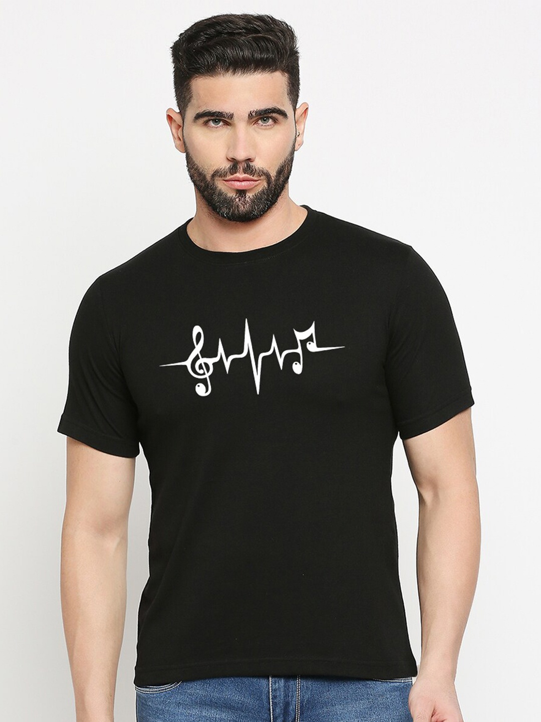 

MOD ECRU Typography Printed Round Neck Short Sleeves Cotton T-Shirt, Black