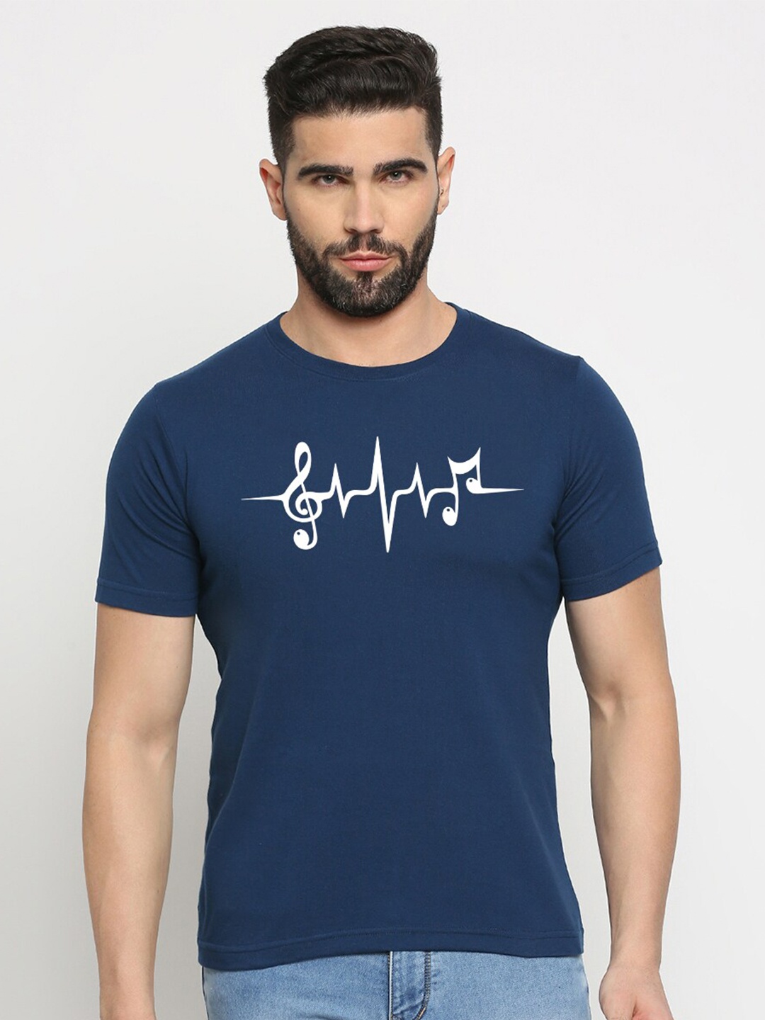 

MOD ECRU Printed Round Neck Short Sleeves Cotton T-shirt, Blue