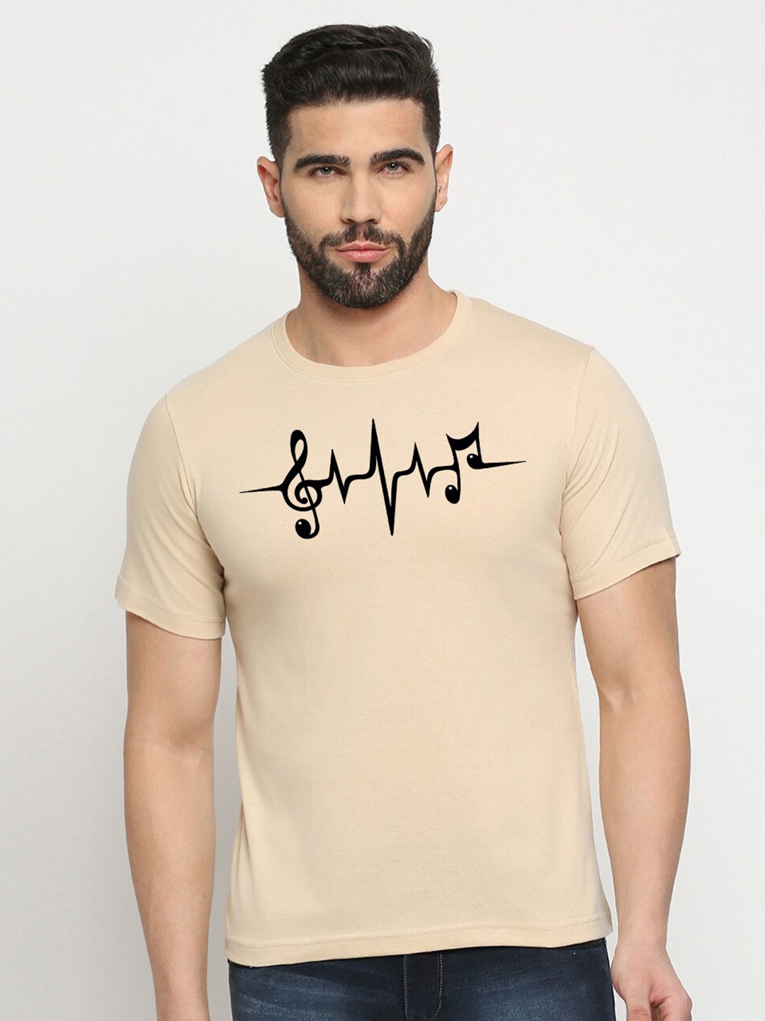 

MOD ECRU Typography Printed Round Neck Short Sleeves Cotton T-shirt, Cream