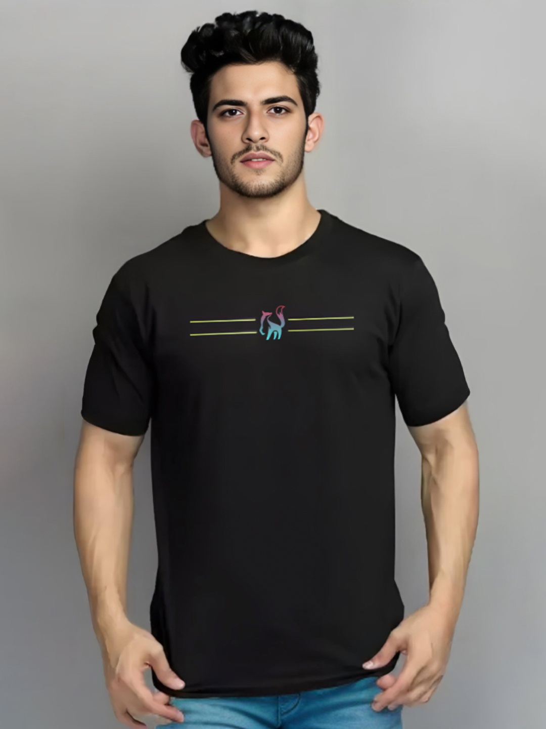 

Elibolz Graphic Printed Round Neck Cotton Applique T-shirt, Black