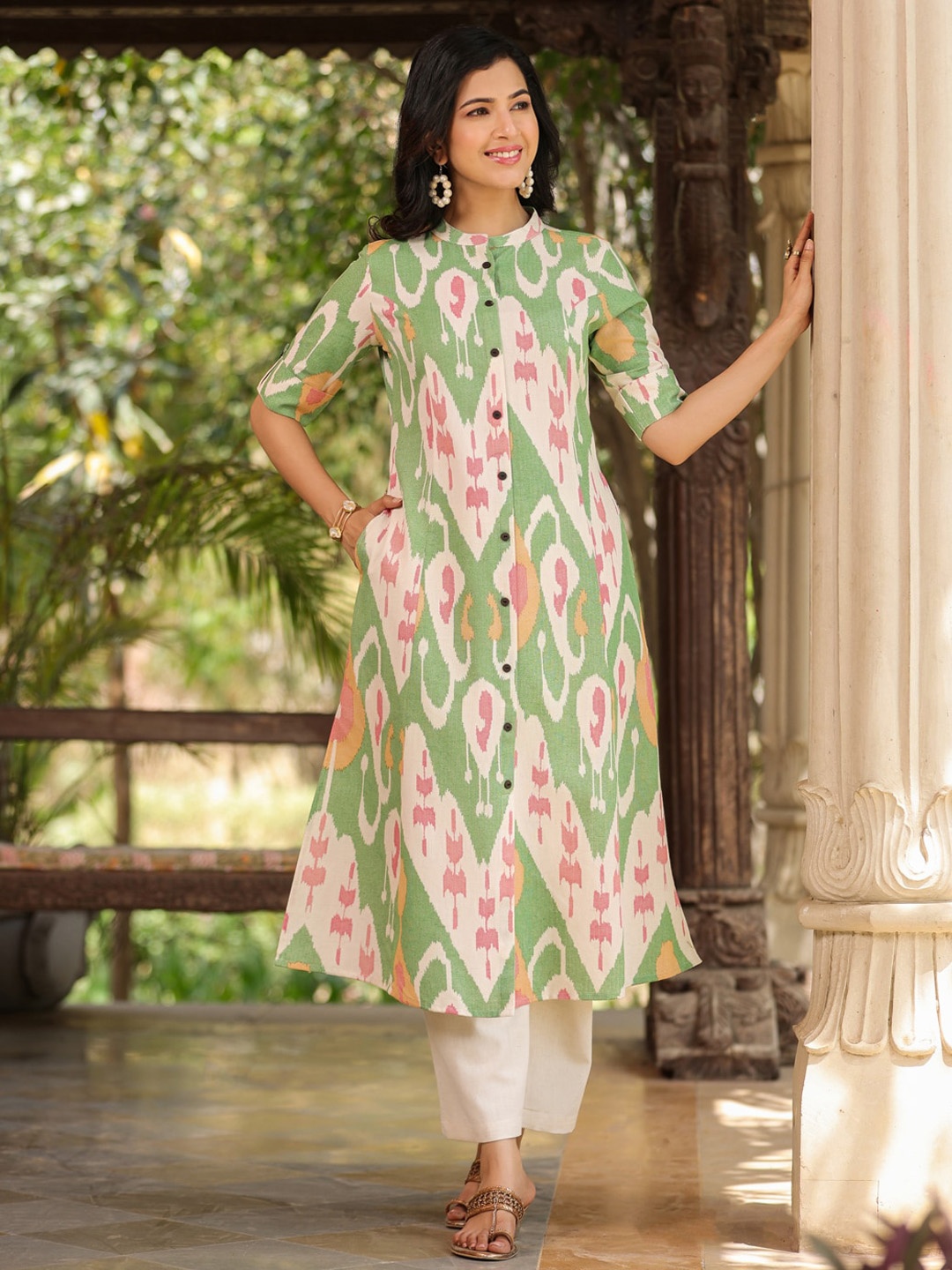 

PIROH Geometric Printed Cotton Anarkali Kurta, Green