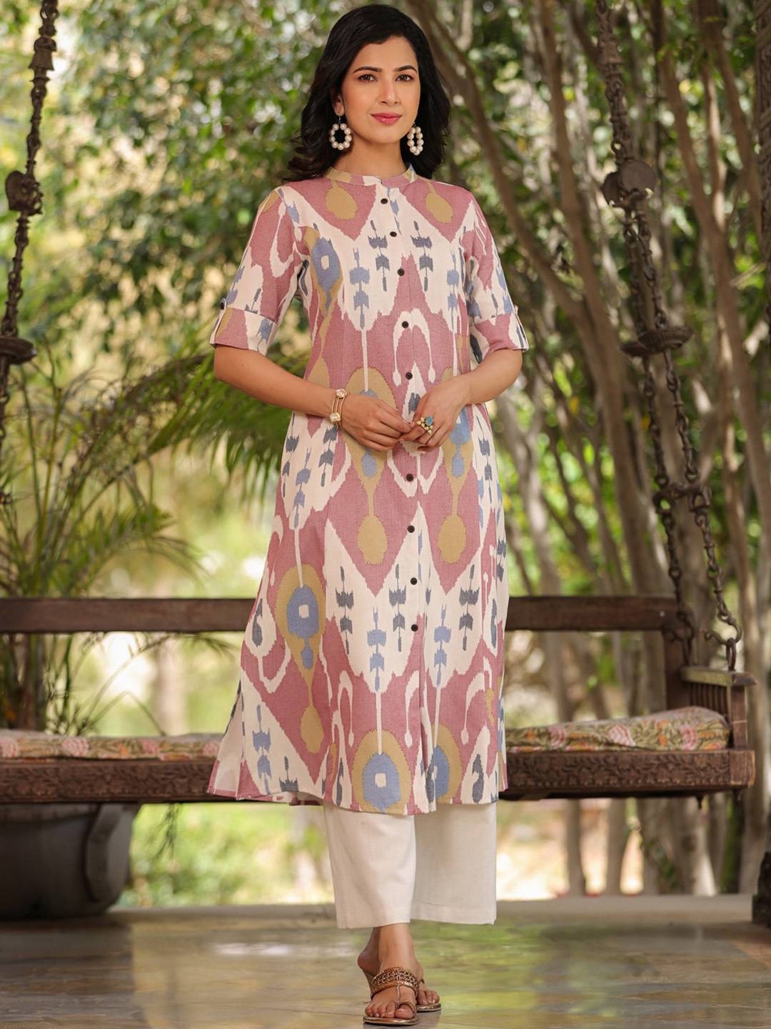 

PIROH Printed Mandarin Collar Cotton Anarkali Kurta, Pink