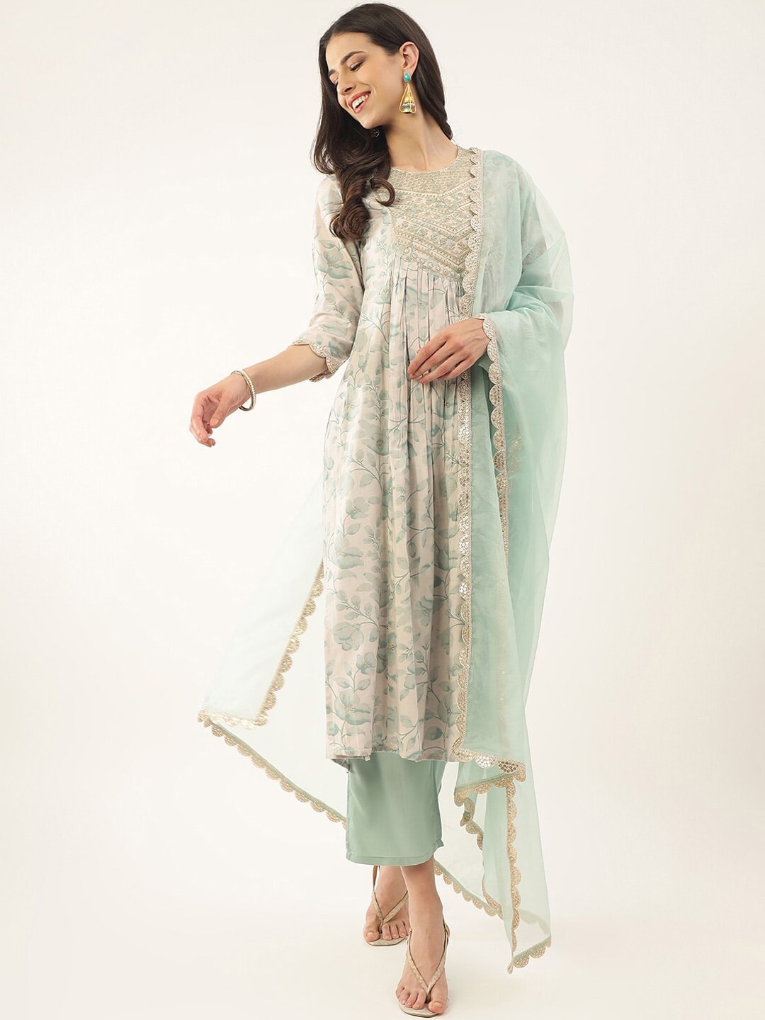 

Nimidiya Floral Printed Regular Kurta With Trousers & Dupatta, Sea green