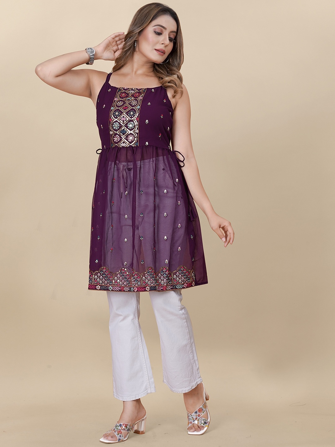 

PARMMRAA DESIGNER Ethnic Motifs Printed Gotta Patti Georgette Kurta, Purple