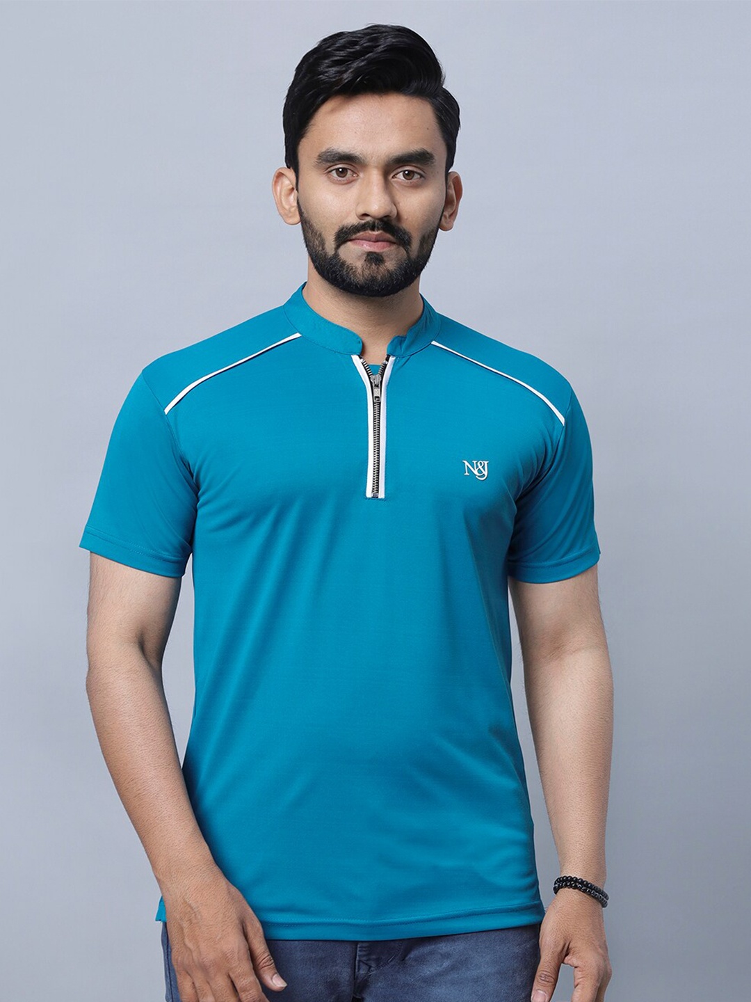 

N AND J Henley Collar Short Sleeves Cotton T-shirt, Blue