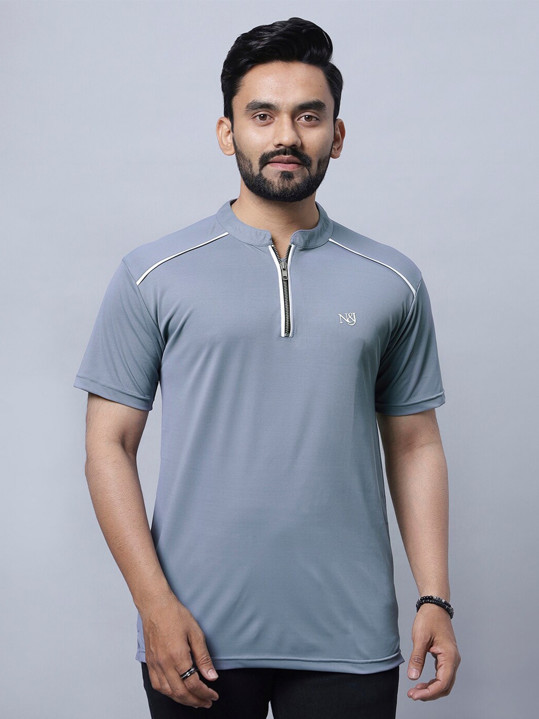 

N AND J Henley Neck Short Sleeves Cotton T-shirt, Grey