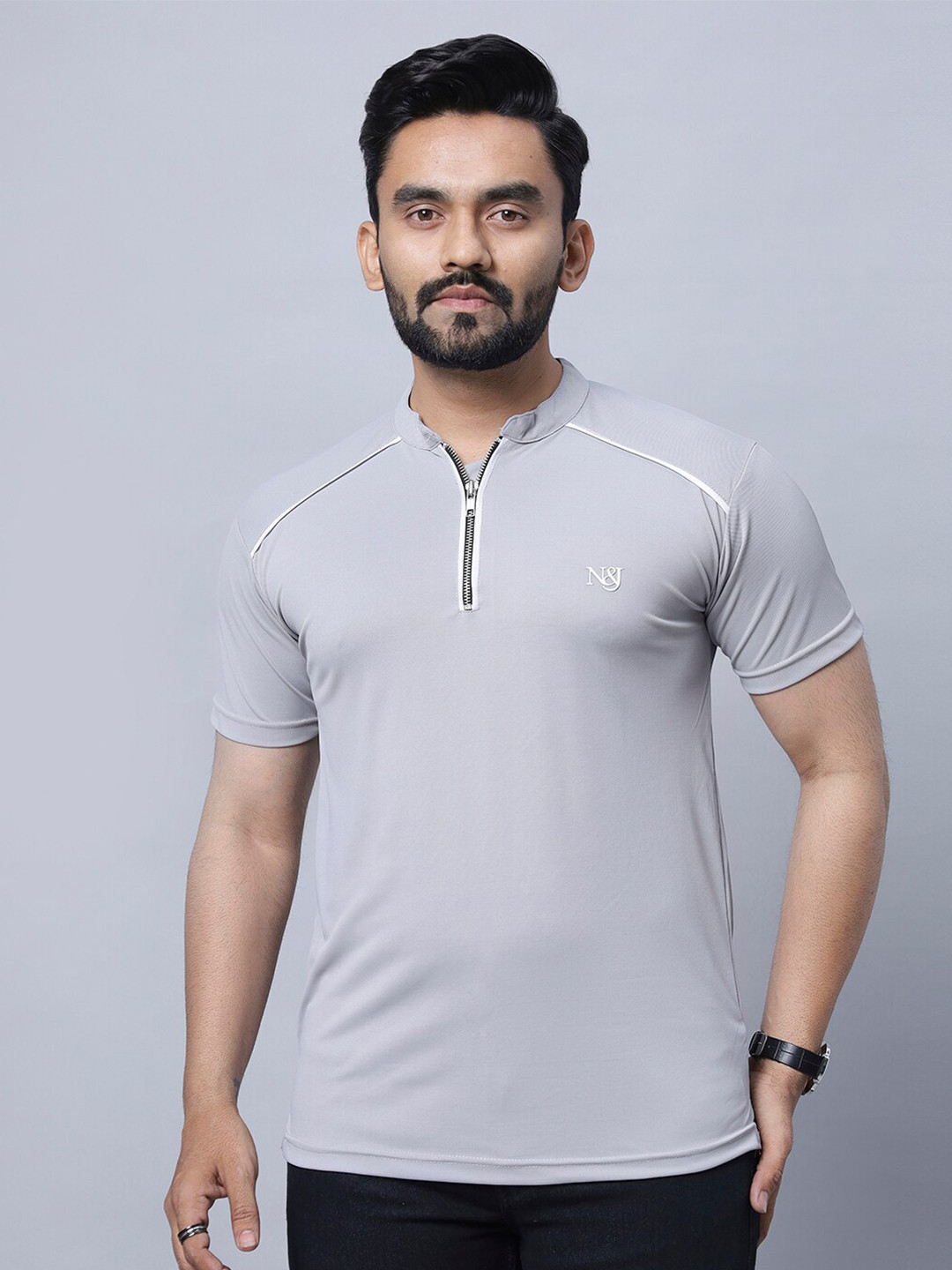 

N AND J Henley Neck Short Sleeves Cotton T-shirt, Grey