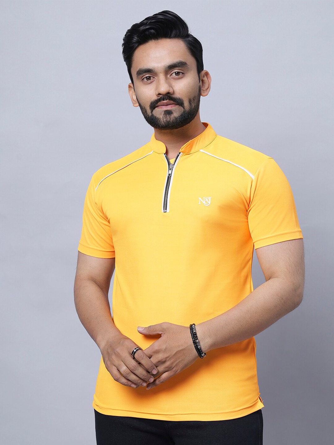 

N AND J Mandarin Collar Long Sleeves Cotton Casual T-shirt, Yellow