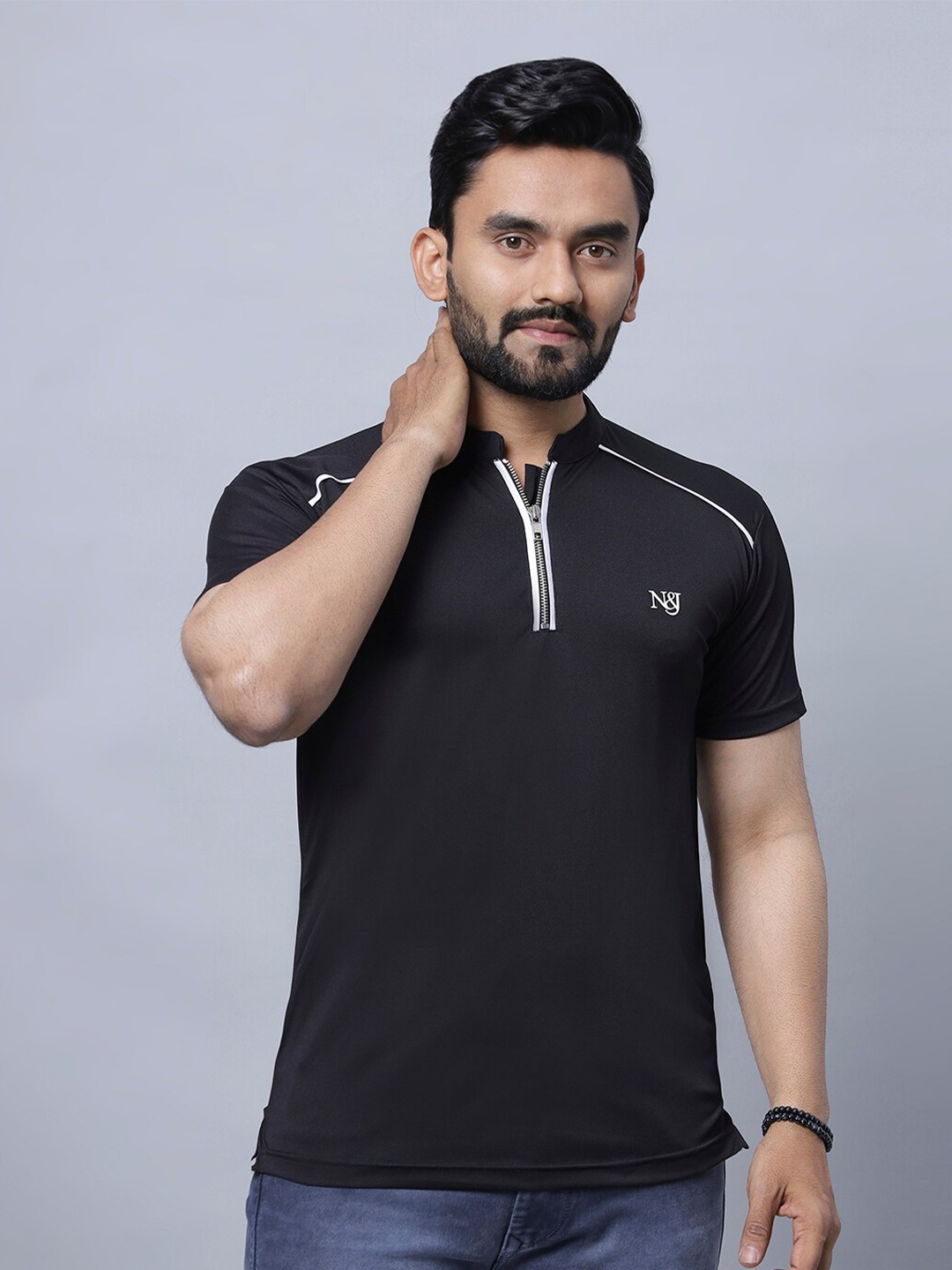 

N AND J Mandarin Collar Cotton Casual T-shirt, Black
