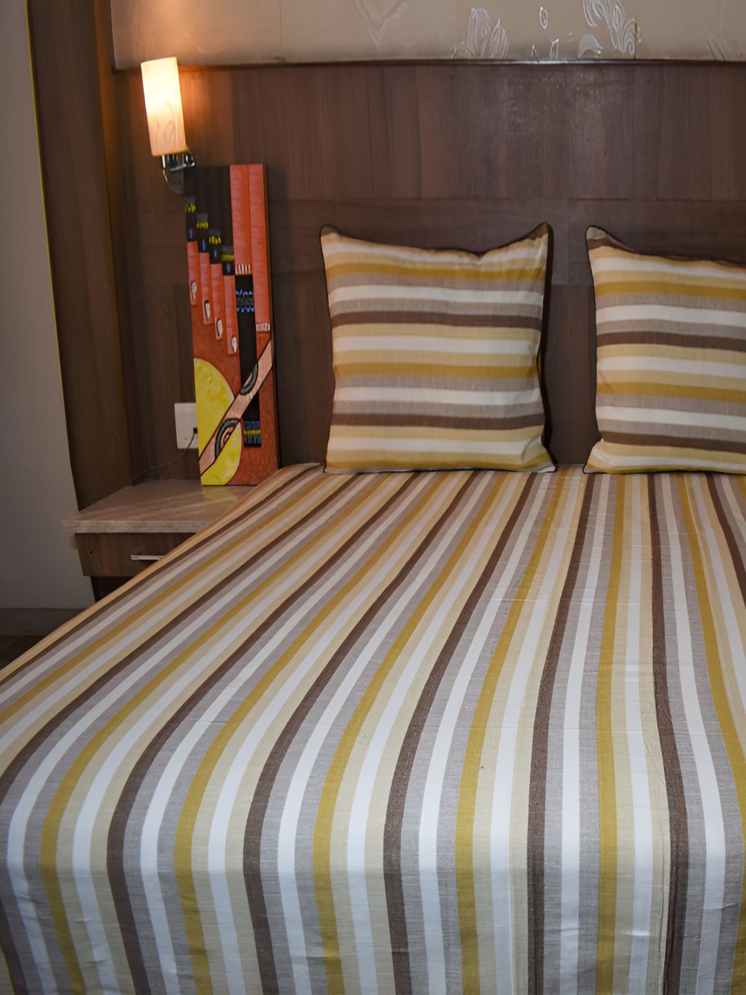 

Aura Yellow & White Striped 120 TC Cotton Queen Bedsheet With 2 Pillow Covers