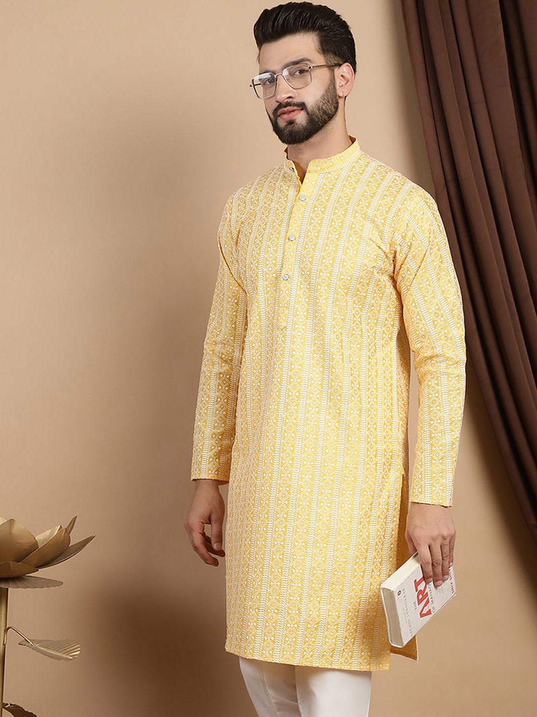

Anouk Embroidered Mandarin Collar Cotton Straight Kurta, Yellow