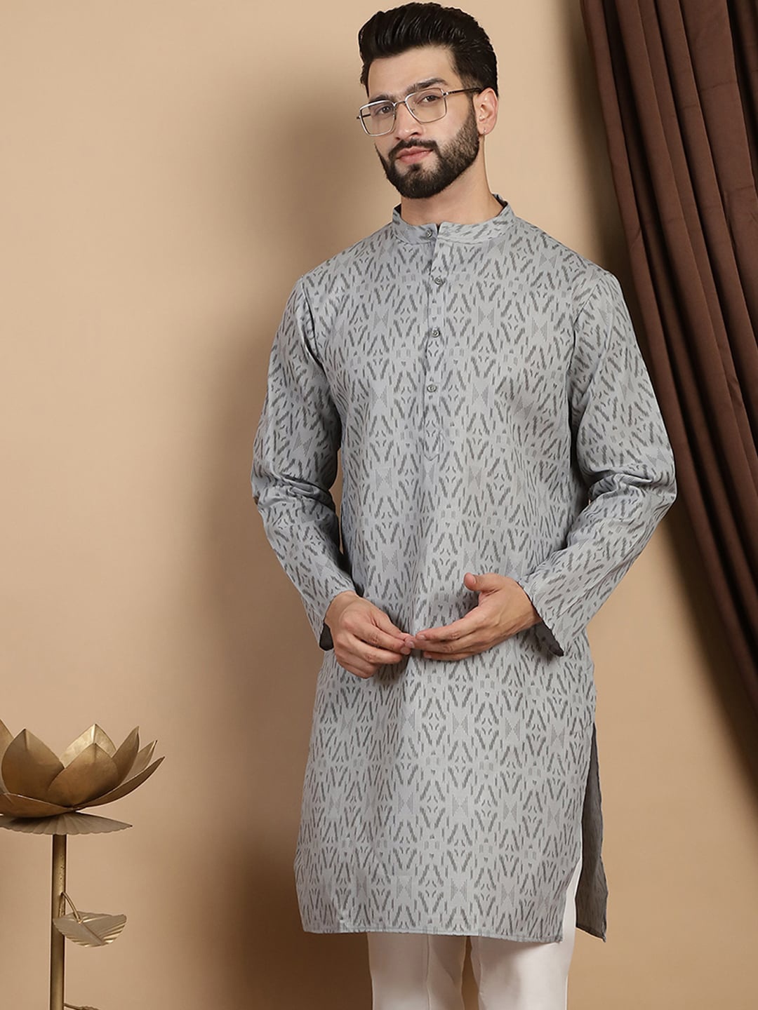 

Anouk Mandarin Collar Long Sleeves Ethnic Motifs Cotton Kurta, Grey