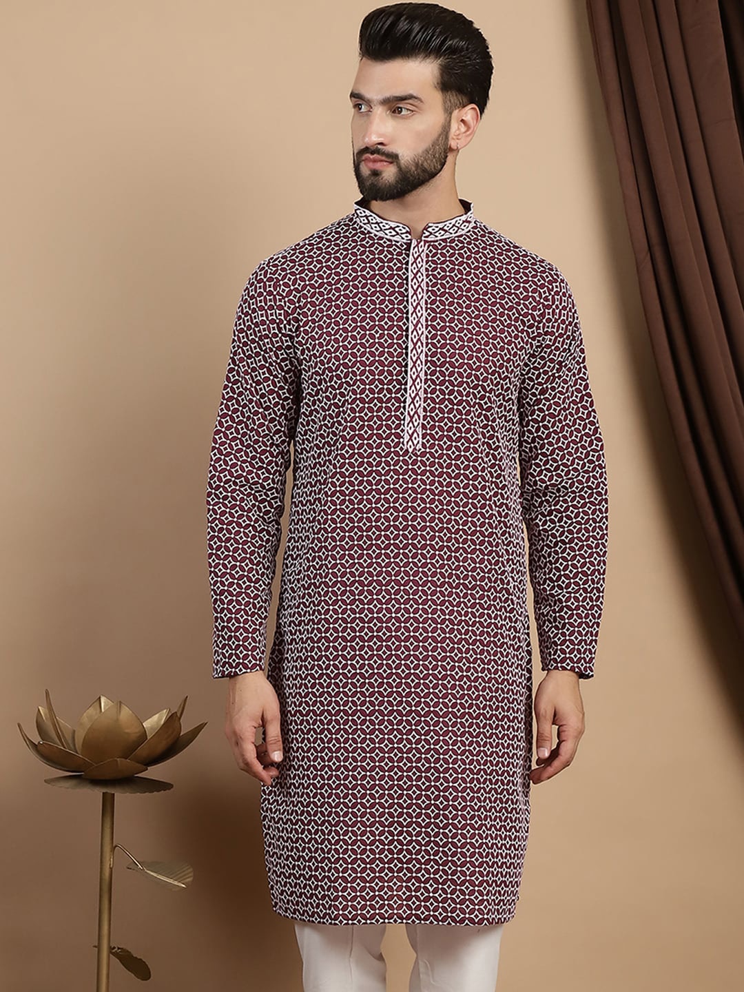 

Anouk Printed Embroidered Mandarin Collar Cotton Straight Kurta, Purple