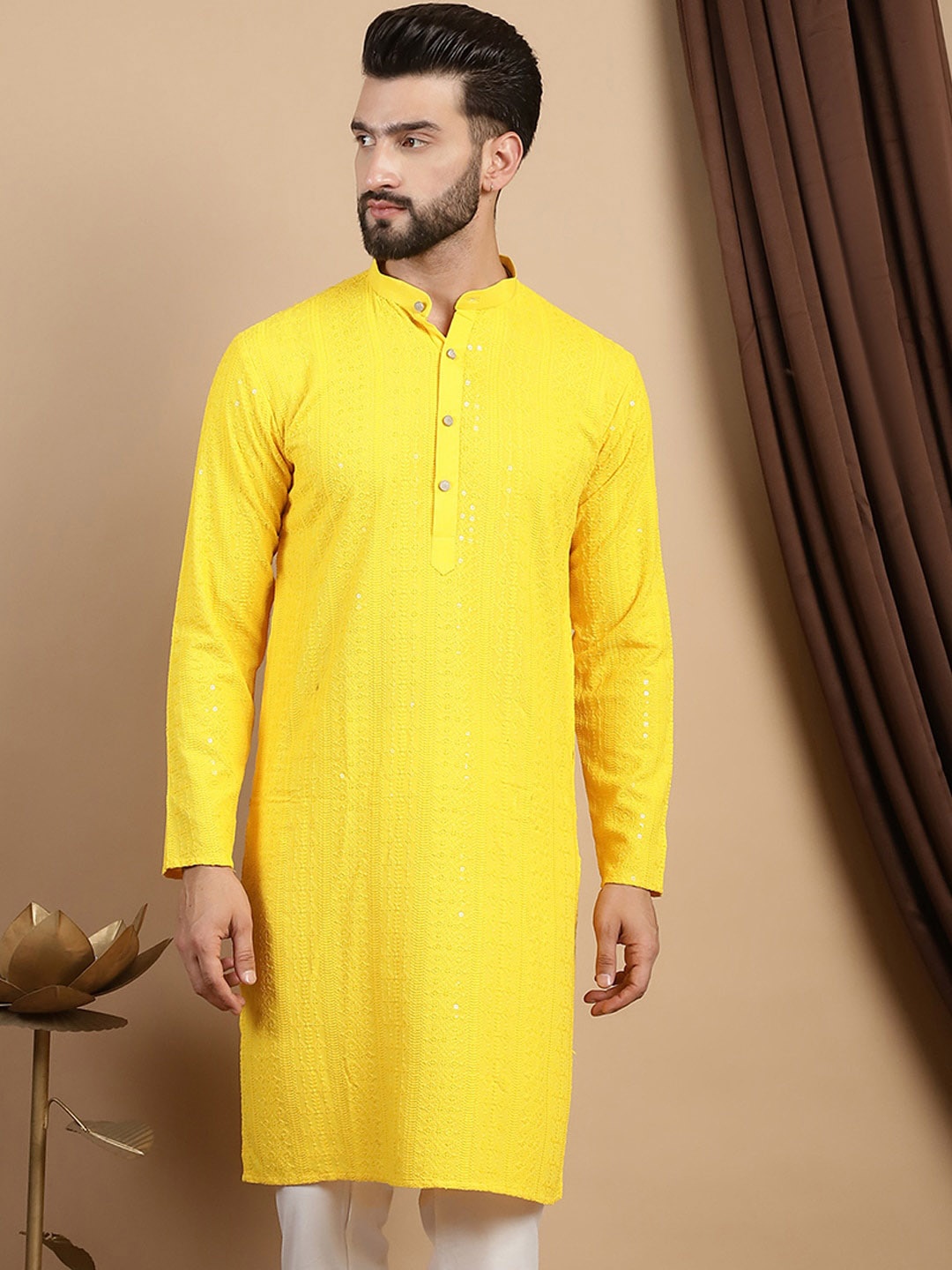 

Anouk Embroidered Pure Cotton Sequinned Straight Kurta, Yellow