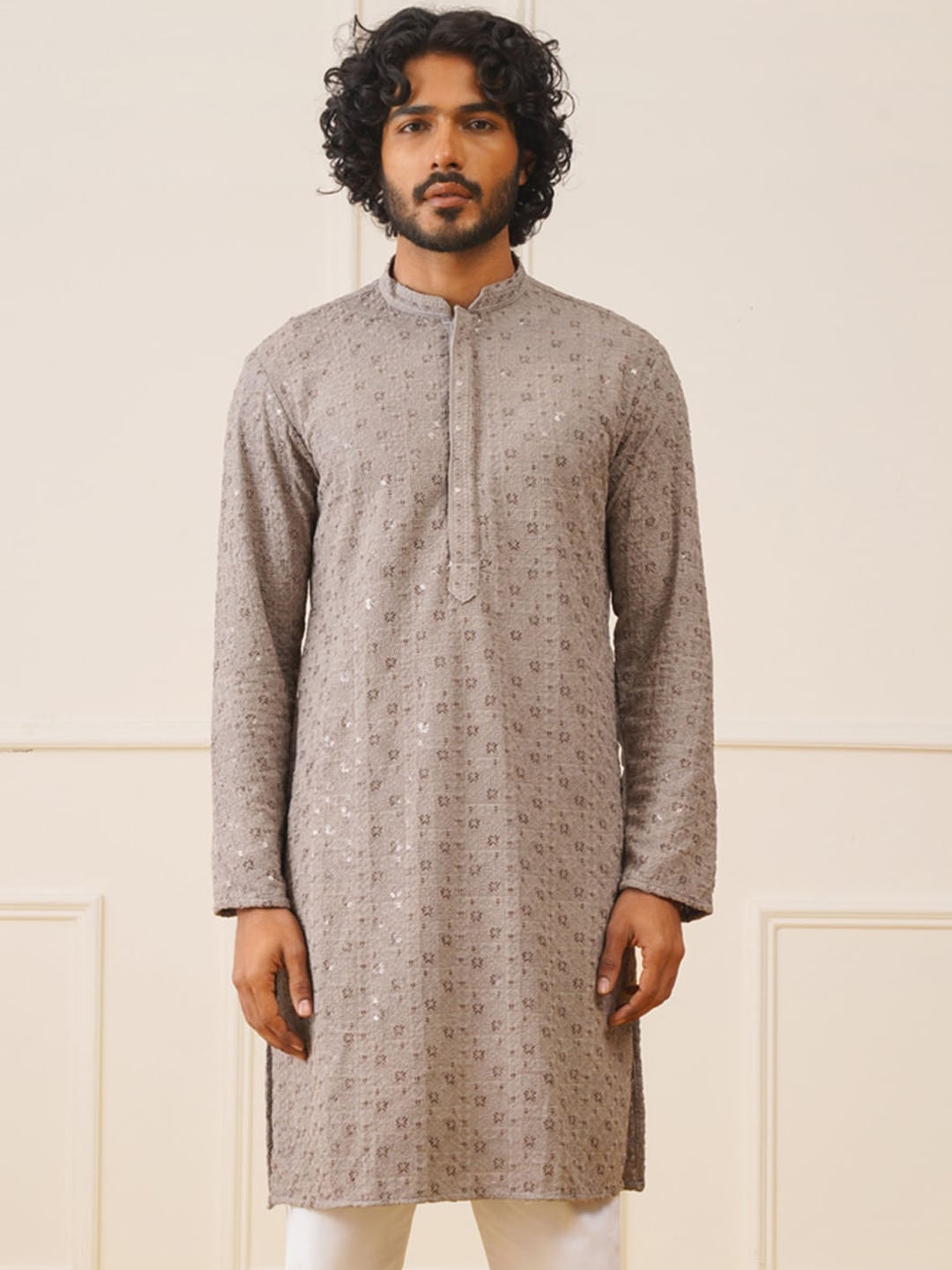 

Jompers Embroidered Pure Cotton Strigth Kurtas, Grey