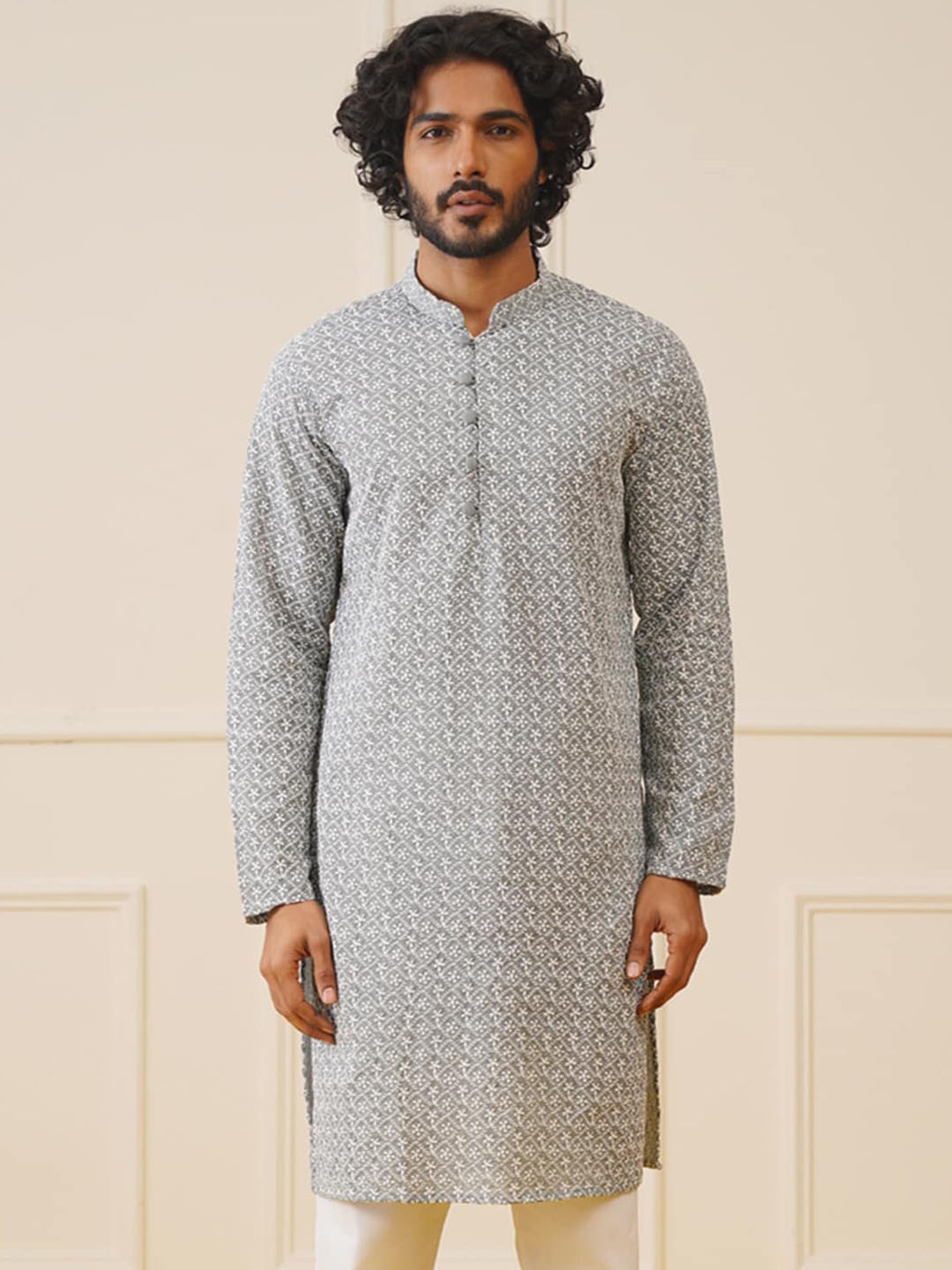 Jompers Floral Embroidered Chikankari Pure Cotton Straight Kurta, Grey