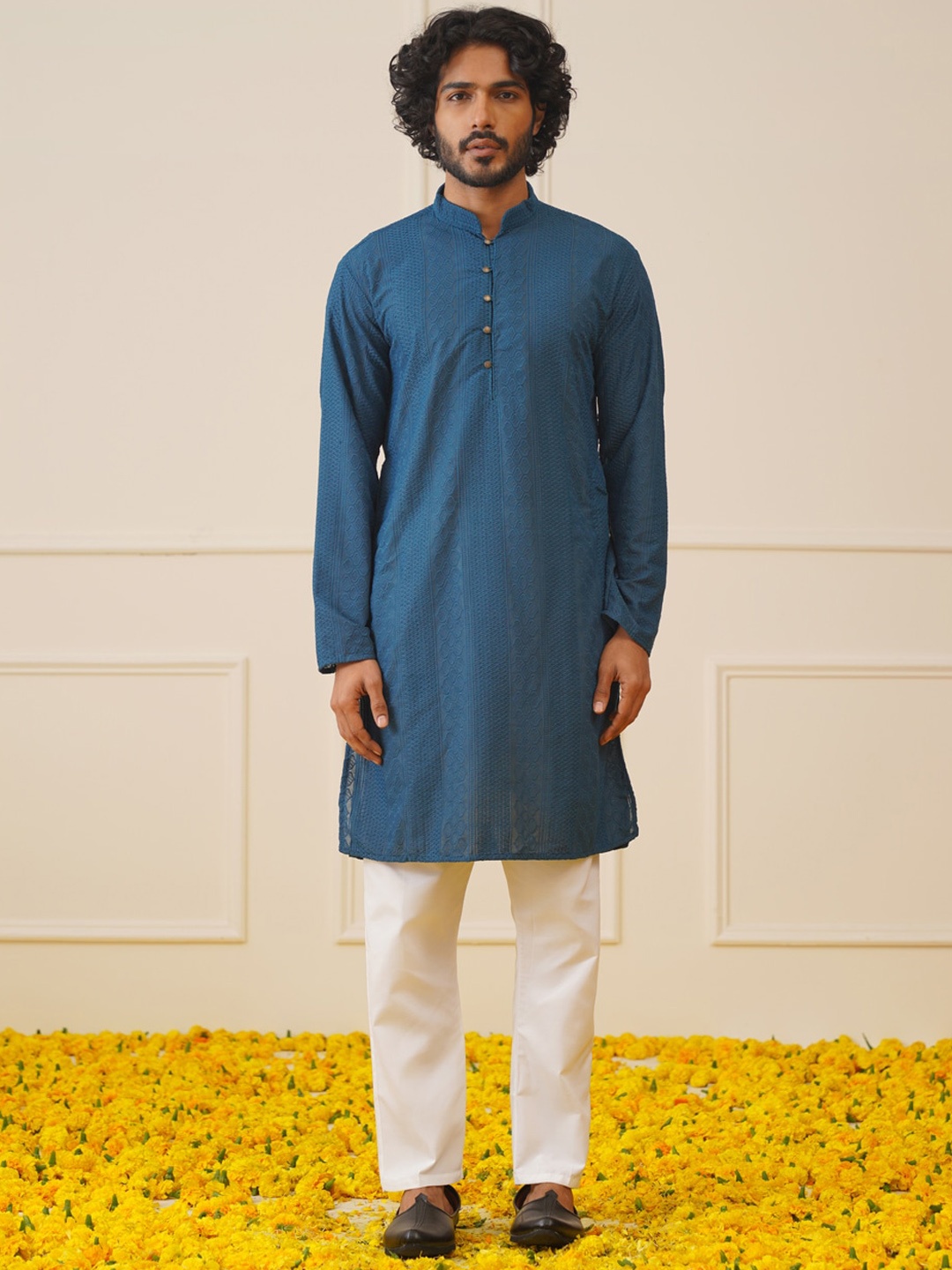 

Jompers Embroidered Cotton Strigth Kurtas, Teal