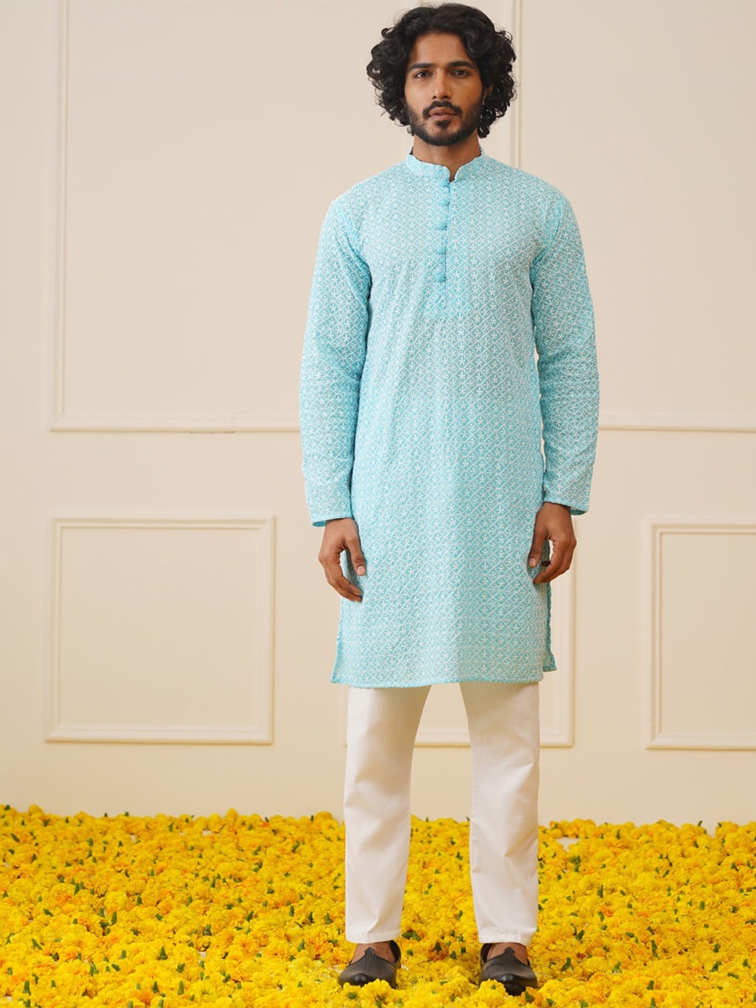 

Jompers Ethnic Motifs Cotton Floral Strigth Kurta, Turquoise blue
