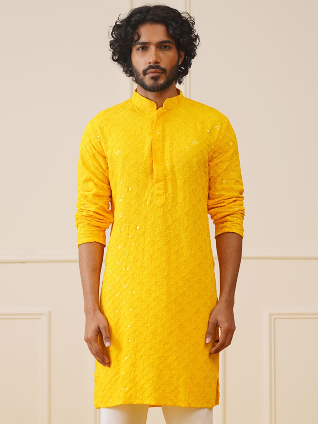 

Jompers Ethnic Motifs Embroidered Chikankari Pure Cotton Straight Kurta, Yellow