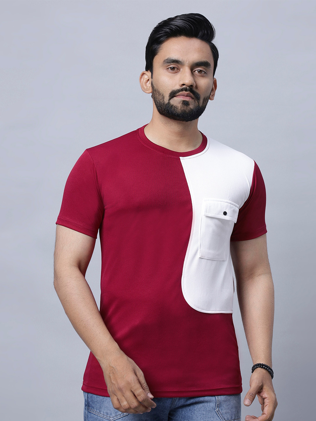 

N AND J Round Neck Flap Pocket Cotton Casual T-shirt, Maroon