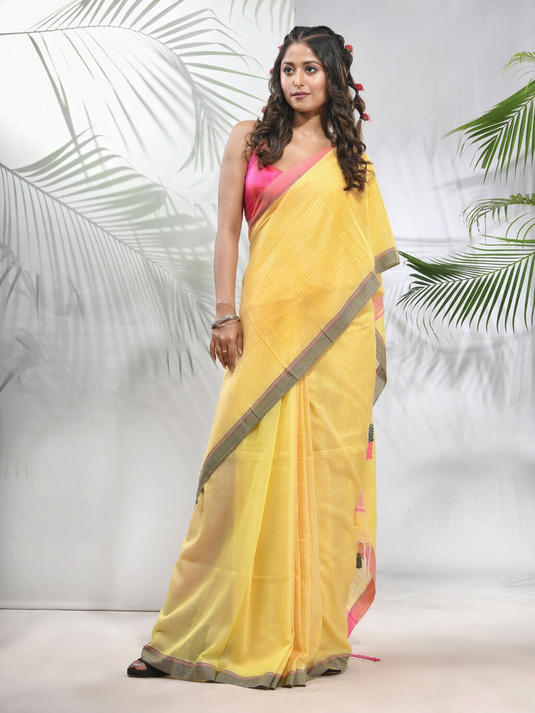 

Charukriti Striped Pure Cotton Saree, Yellow