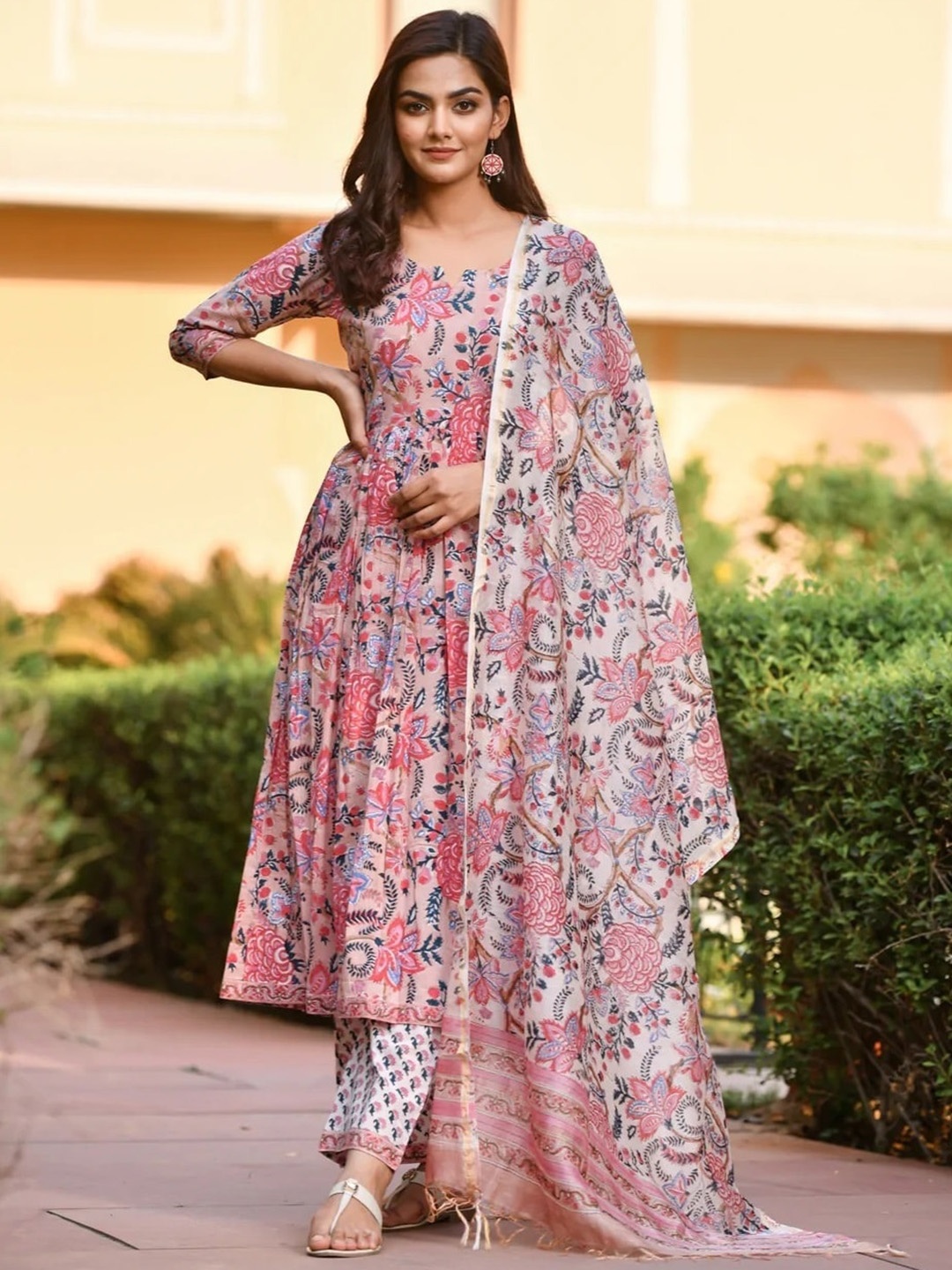 

KALINI Floral Printed Regular Kurta with Trousers & With Dupatta, Pink