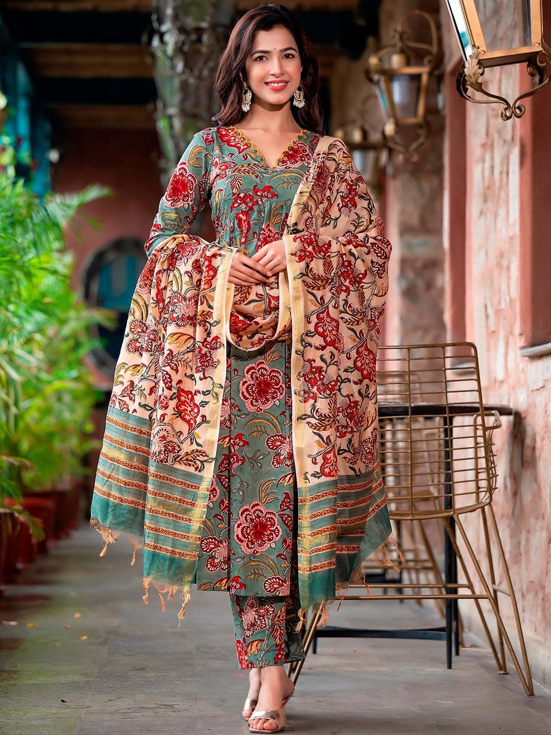 

KALINI Floral Printed Empire Kurta with Trousers & Dupatta, Green