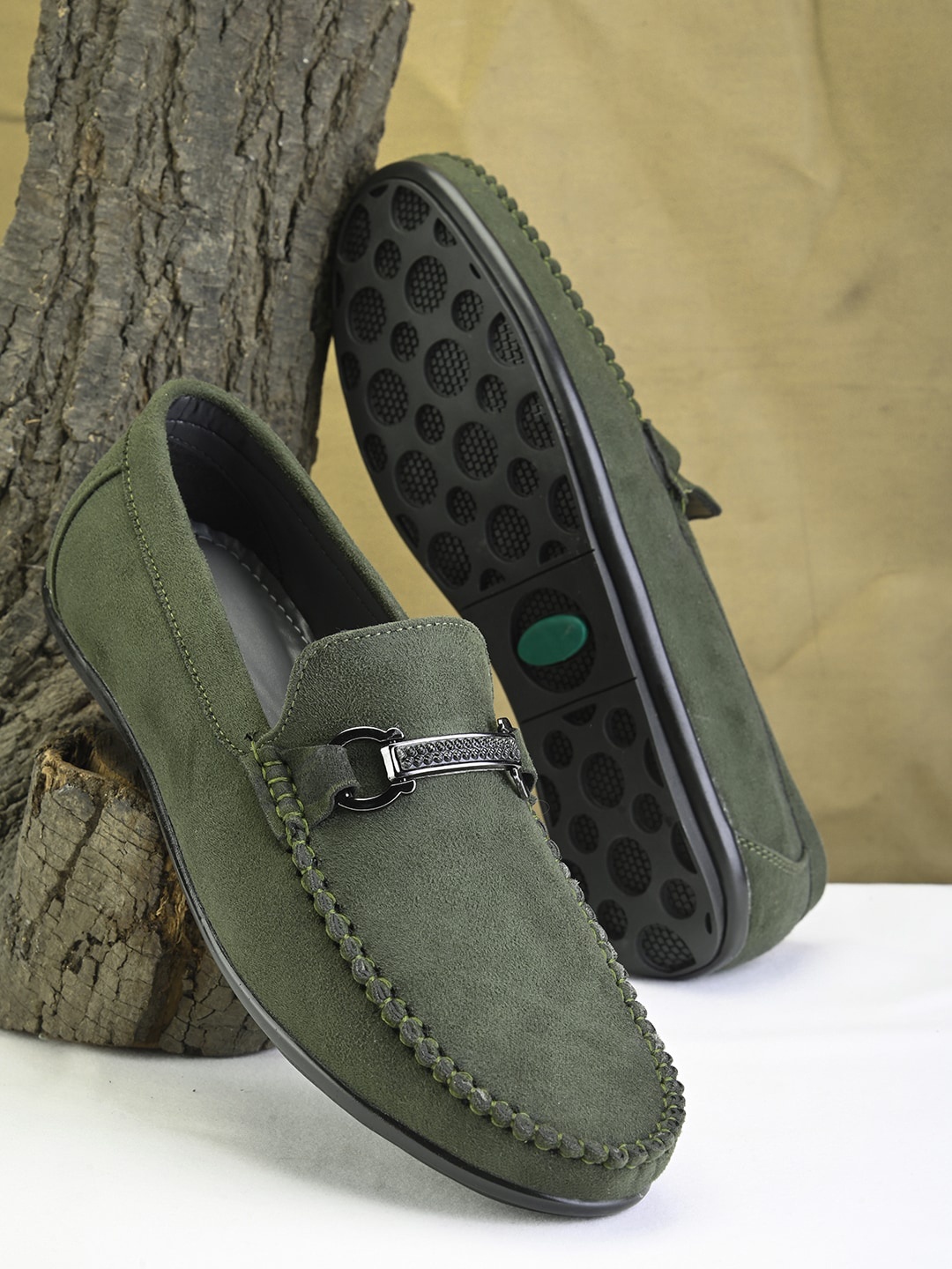 

Sir Corbett Men Textured Round Toe Suede Loafers, Olive