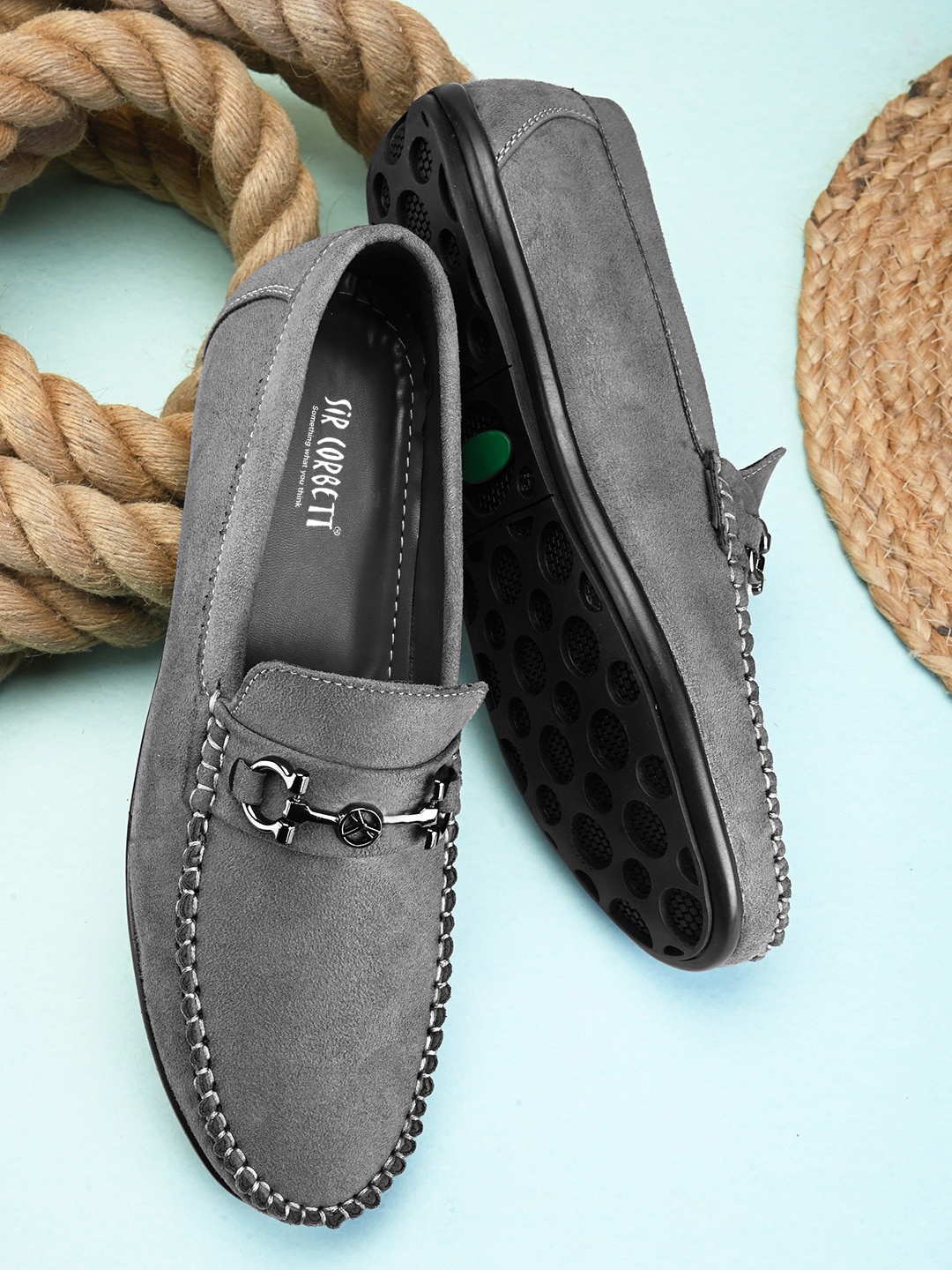 

Sir Corbett Men Textured Round Toe Suede Loafers, Grey