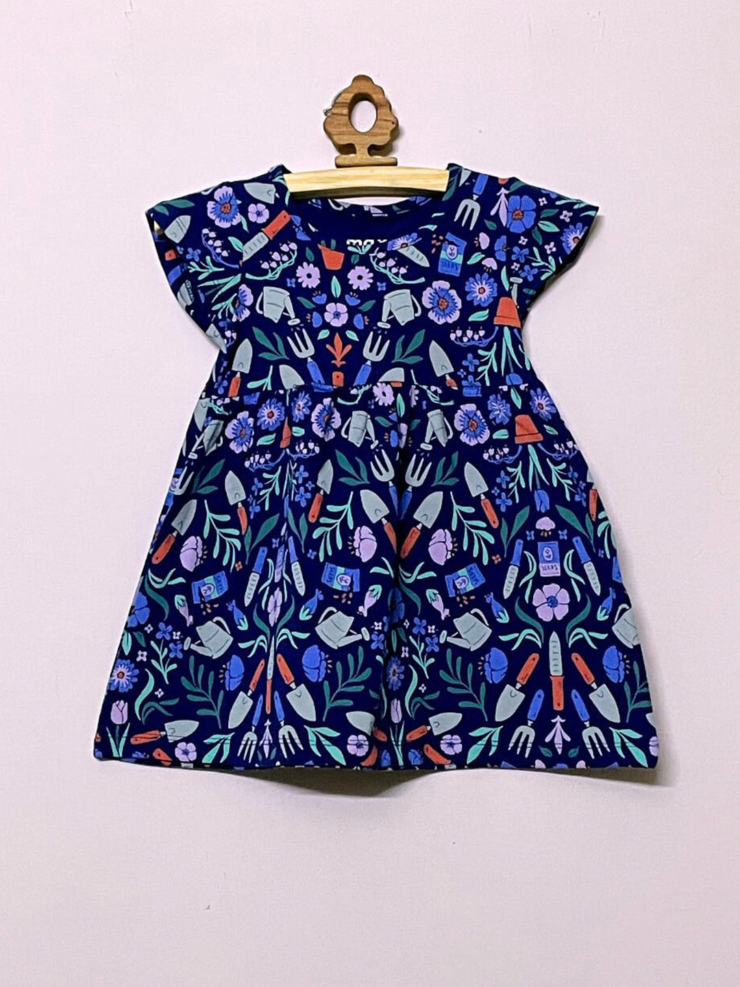 

BAESD Girls Floral Print Round Neck Short Cap Sleeves Fit & Flare Cotton Dress, Navy blue