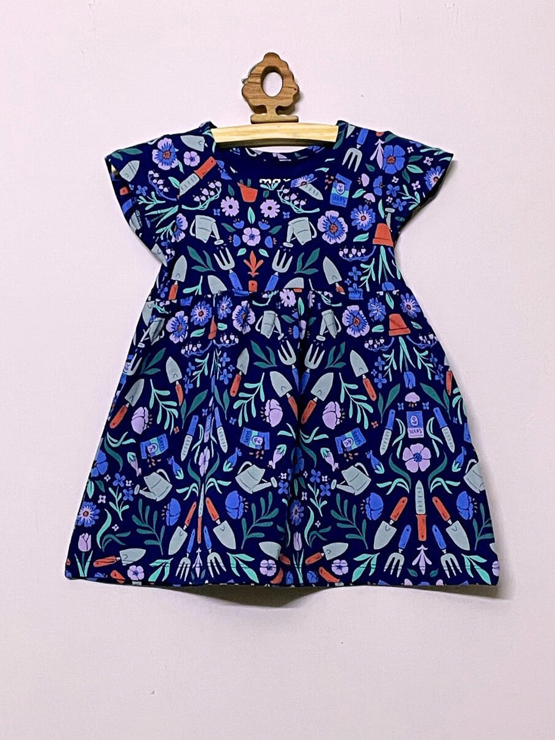 

BAESD Girls Conversational Print Cotton Fit & Flare Dress, Navy blue
