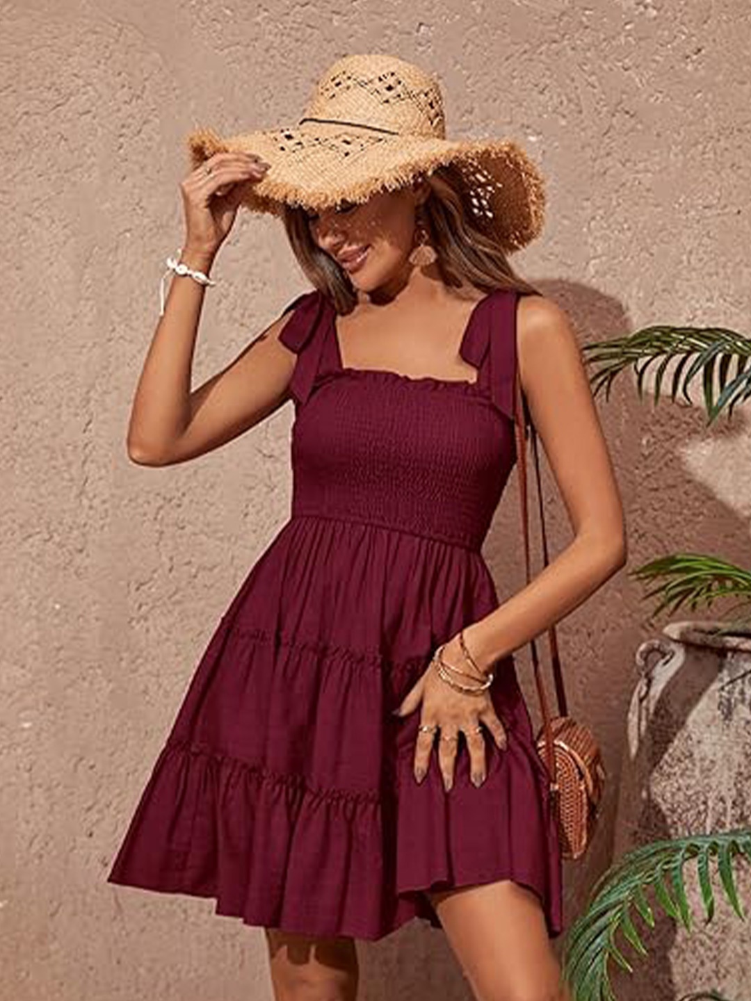 

CHANDERKASH Shoulder Straps Cotton Ruffled Fit & Flare Dress, Maroon
