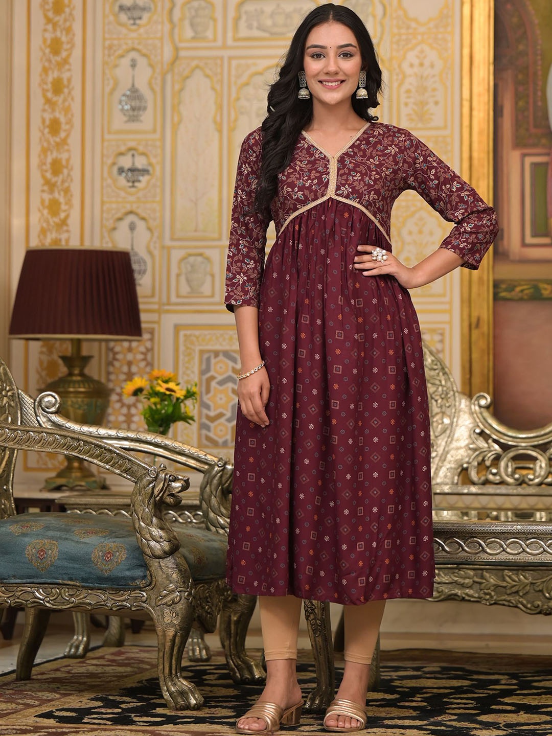 

Label Khoj Ethnic Motifs Printed Sequinned Anarkali Kurta, Maroon