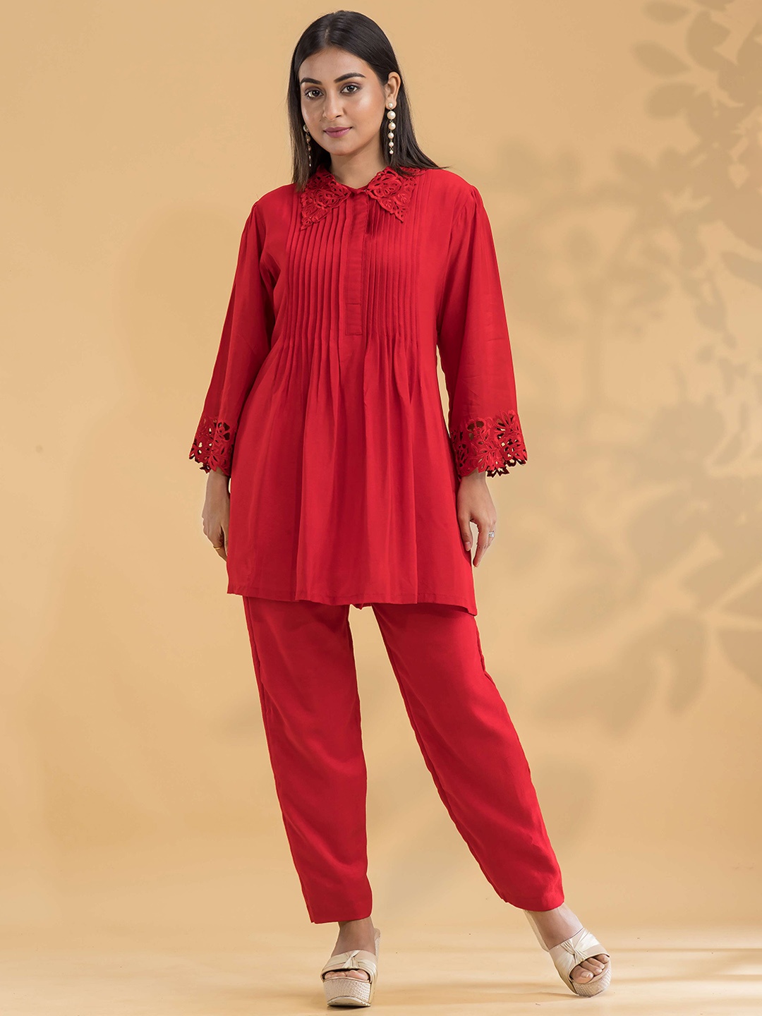 

SACRED SUTA Embroidered Shirt Collar Top With Trousers, Red